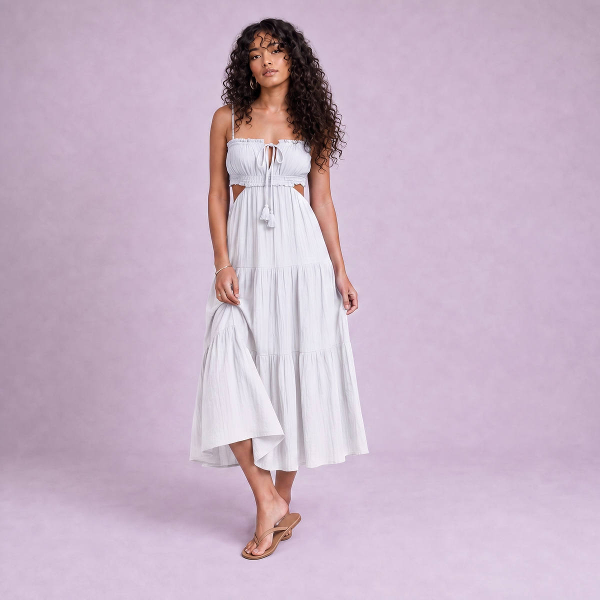 Linen Cut-Out Tiered Maxi Dress in White - OEKO-TEX certified pure linen