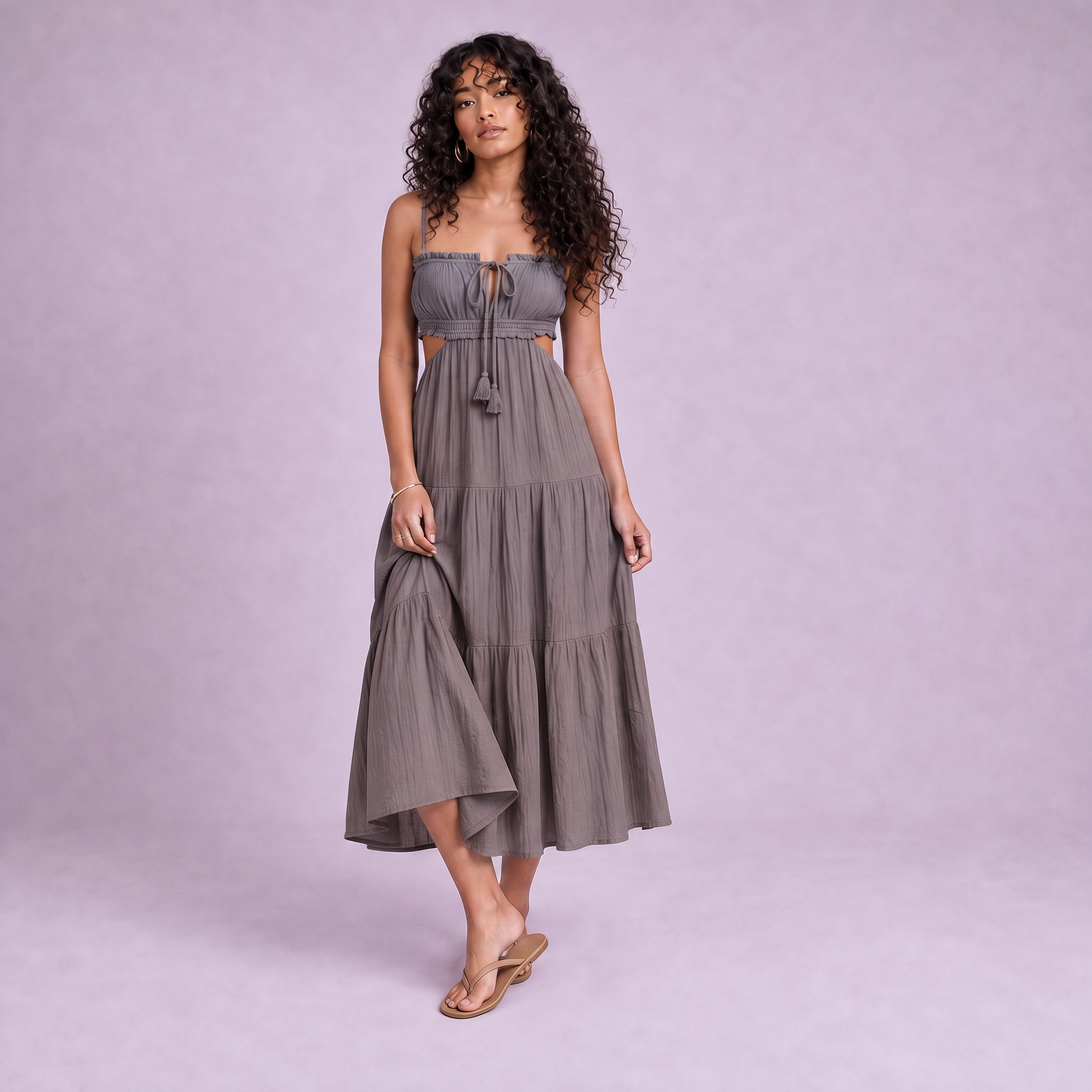 Linen Cut-Out Tiered Maxi Dress in Burntwood - OEKO-TEX certified pure linen