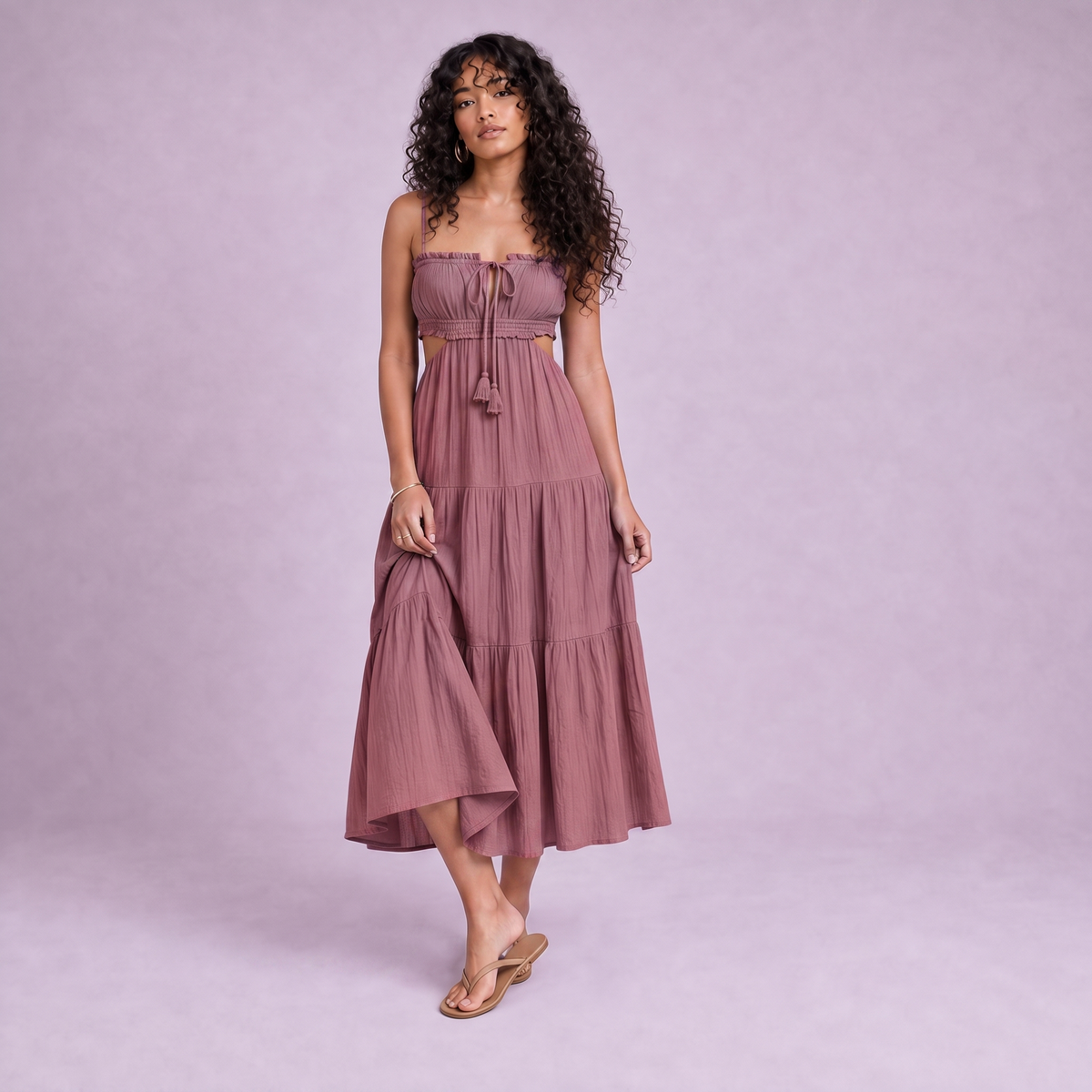 Linen Cut-Out Tiered Maxi Dress in Dusty Rose - OEKO-TEX certified pure linen
