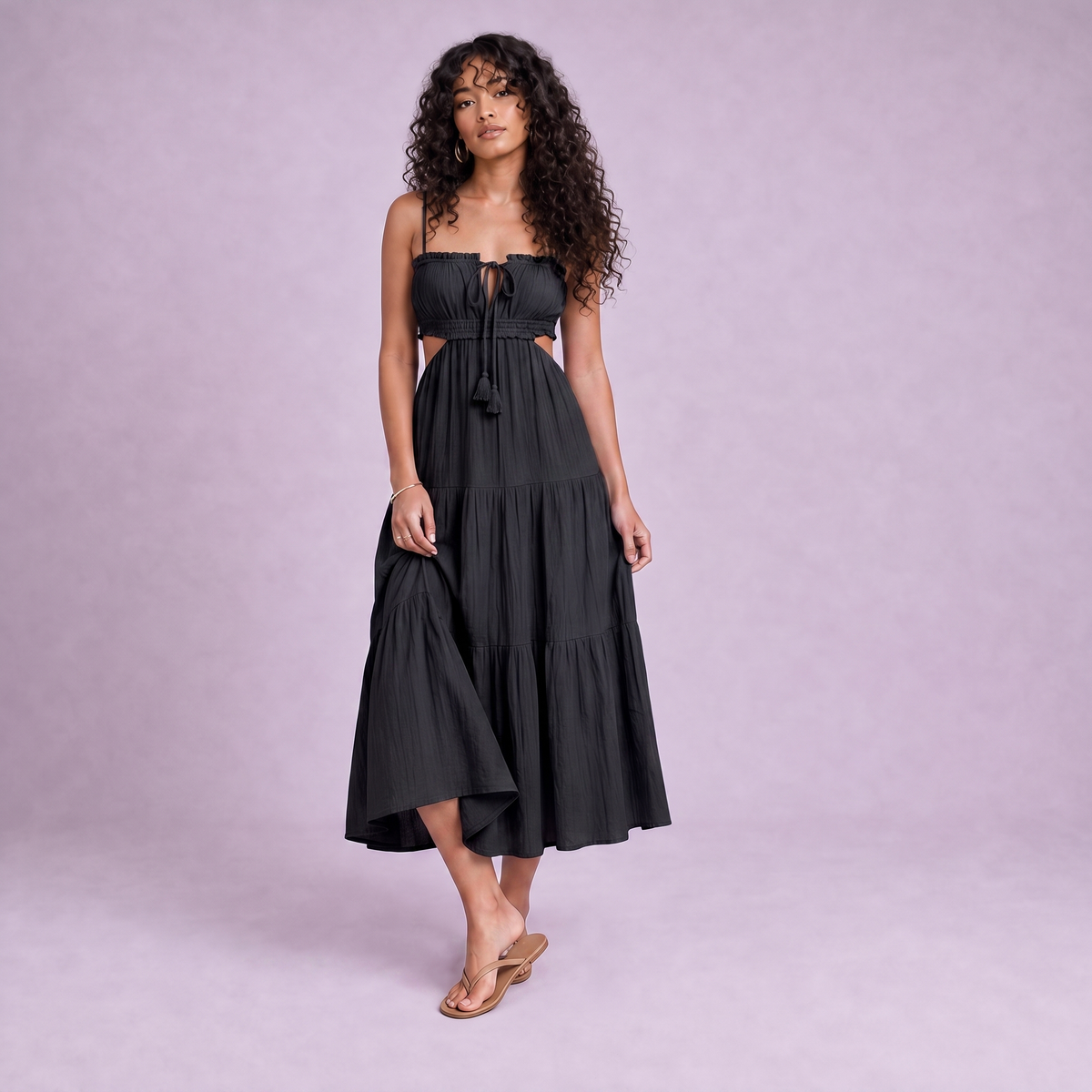 Linen Cut-Out Tiered Maxi Dress in Black - OEKO-TEX certified pure linen