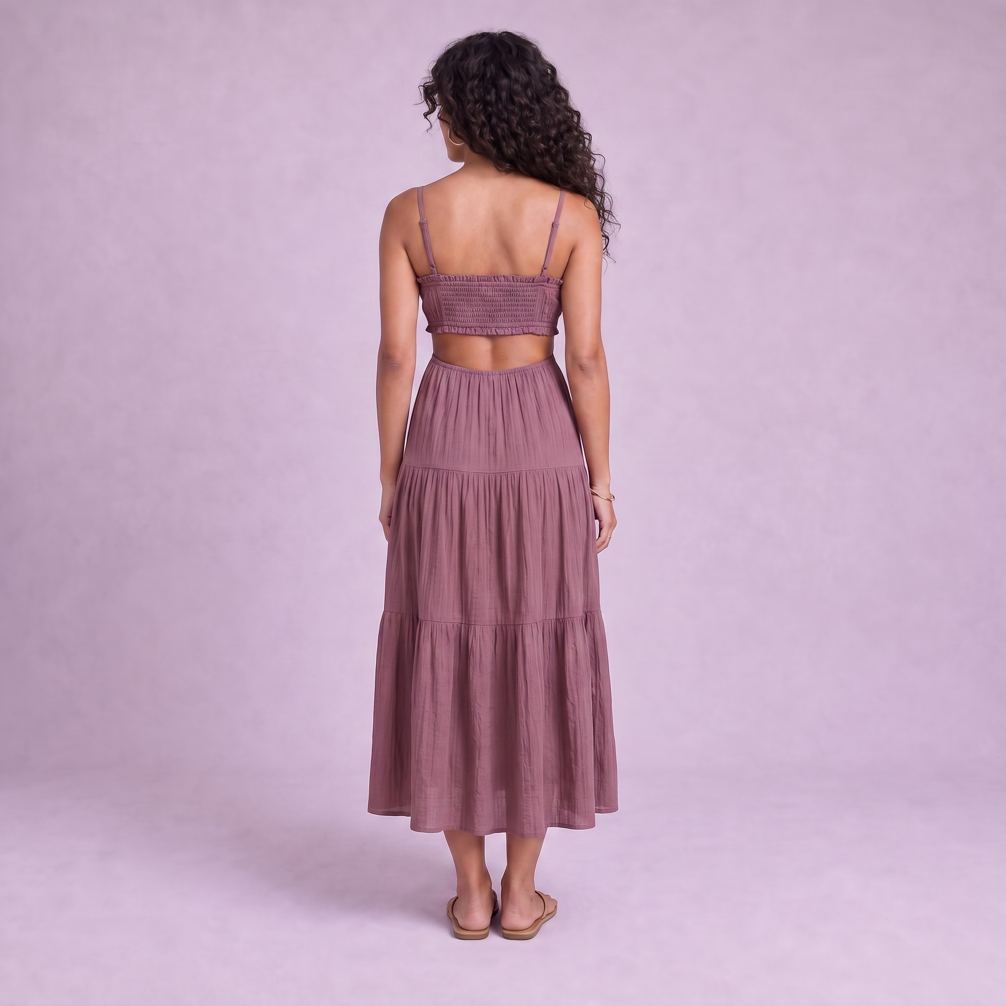Linen Cut-Out Tiered Maxi Dress in Garnet - OEKO-TEX certified pure linen, back view