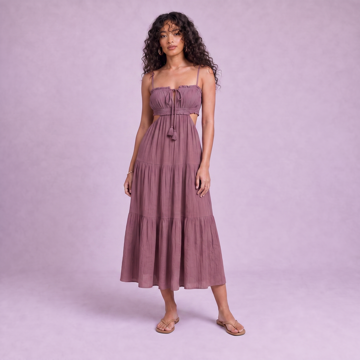 Linen Cut-Out Tiered Maxi Dress in Garnet - OEKO-TEX certified pure linen, front view