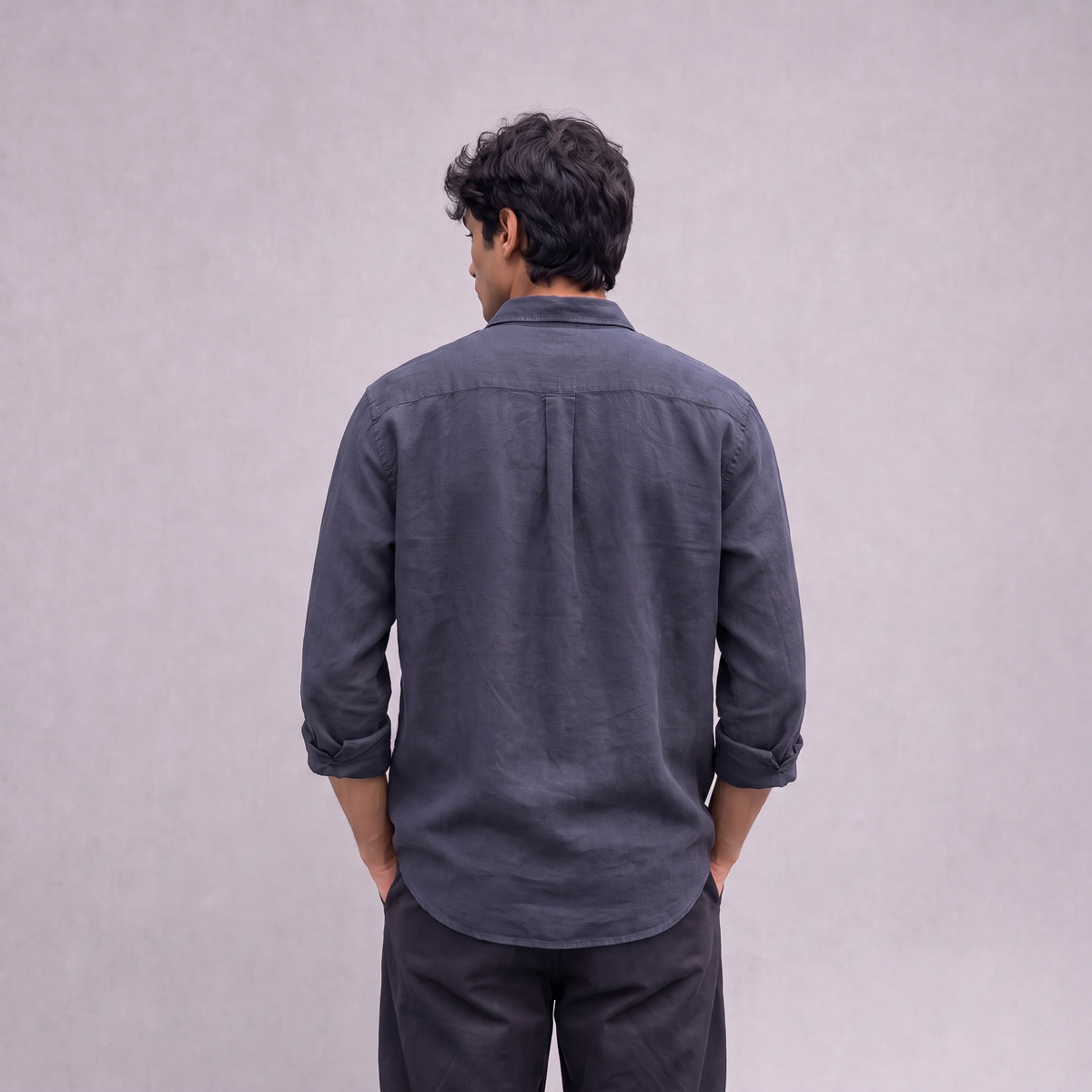 Linen Classic Shirt in Navy Blue - back view - OEKO-TEX certified pure linen