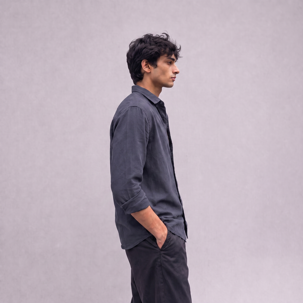 Linen Classic Shirt in Navy Blue - side view - OEKO-TEX certified pure linen