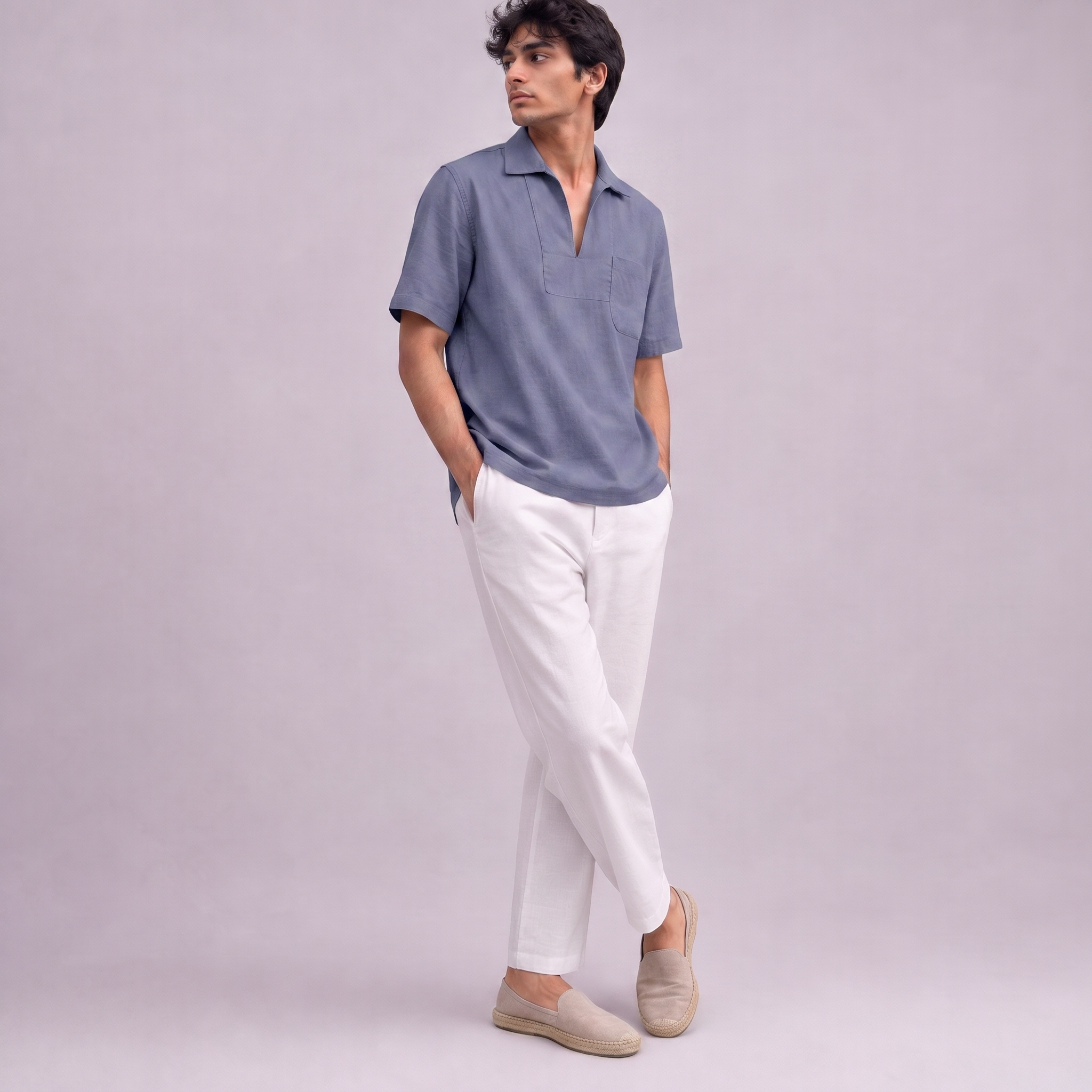 Linen Pullover Shirt in half sleeve in Slate Periwinkle Blue, Ratń Swamini