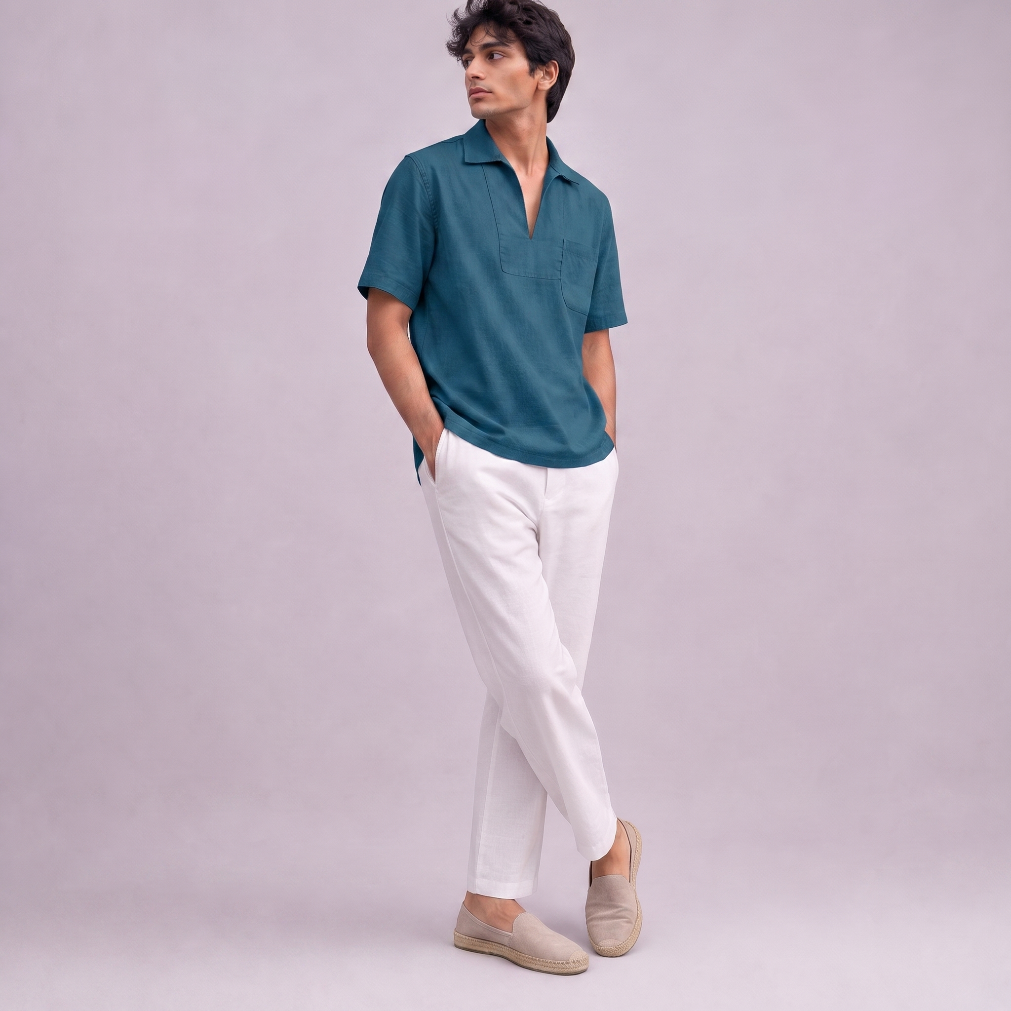 Linen Pullover Shirt in half sleeve in Blue Teal, Ratń Swamini