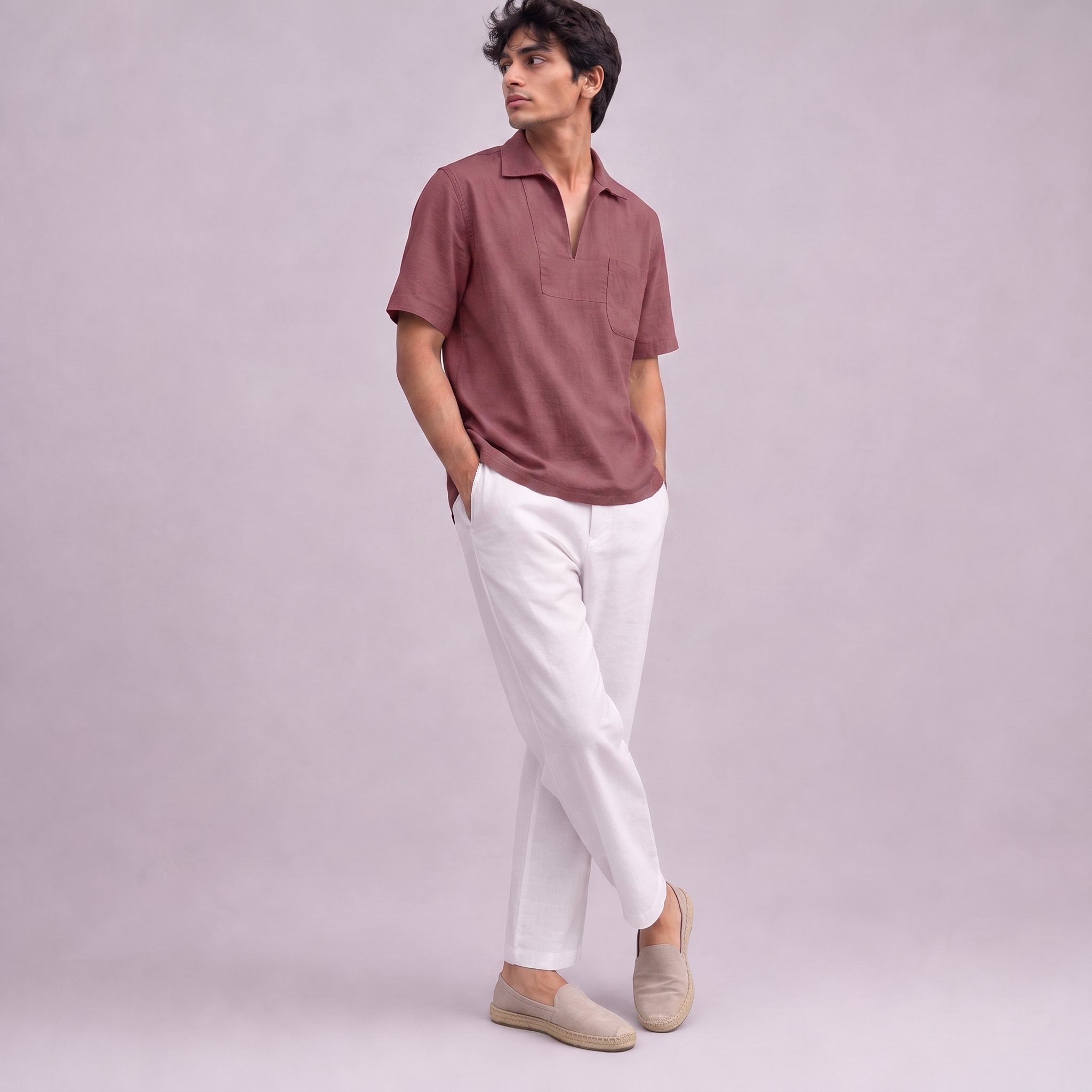 Linen Pullover Shirt in half sleeve in Garnet, Ratń Swamini