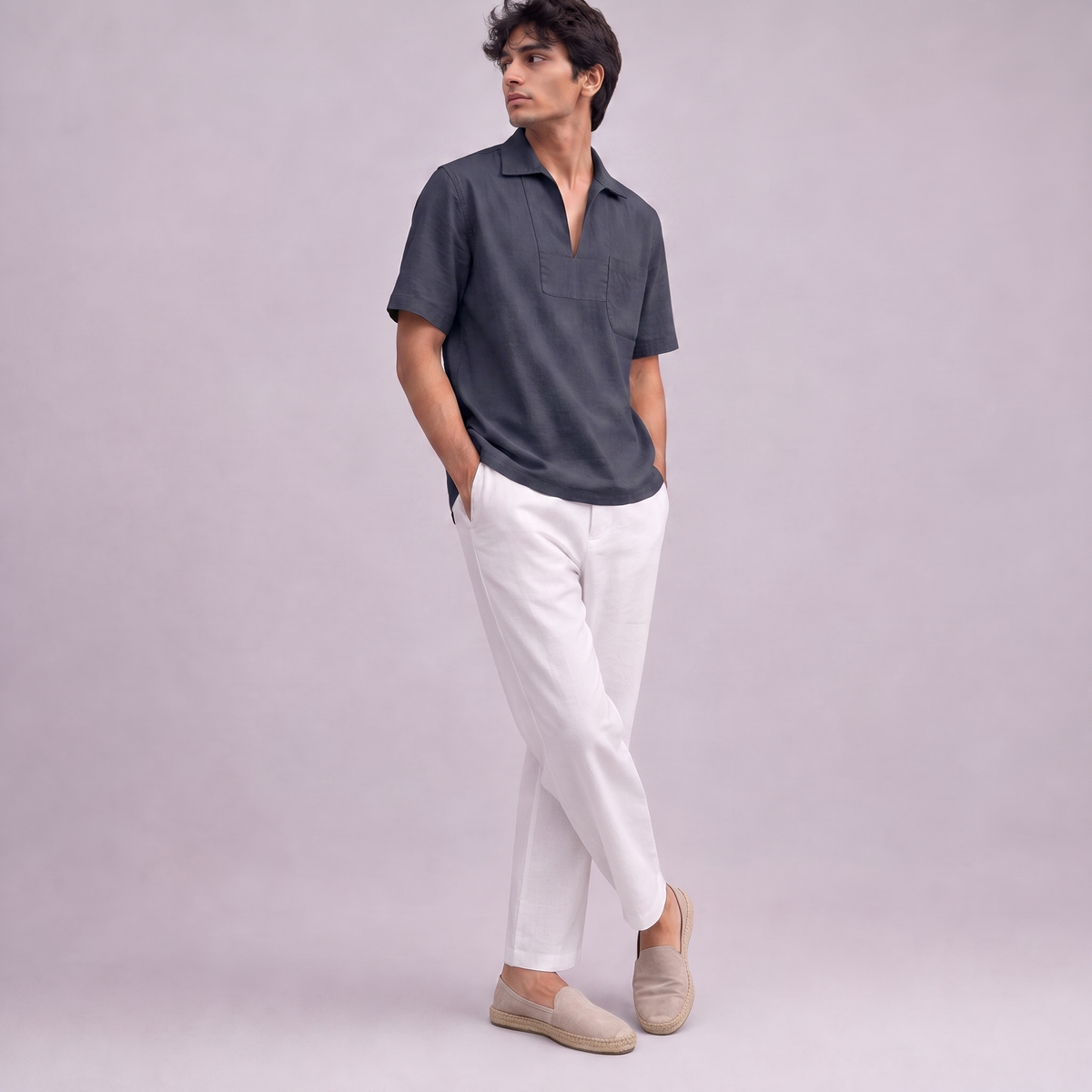 Linen Pullover Shirt in half sleeve in Navy Blue, Ratń Swamini