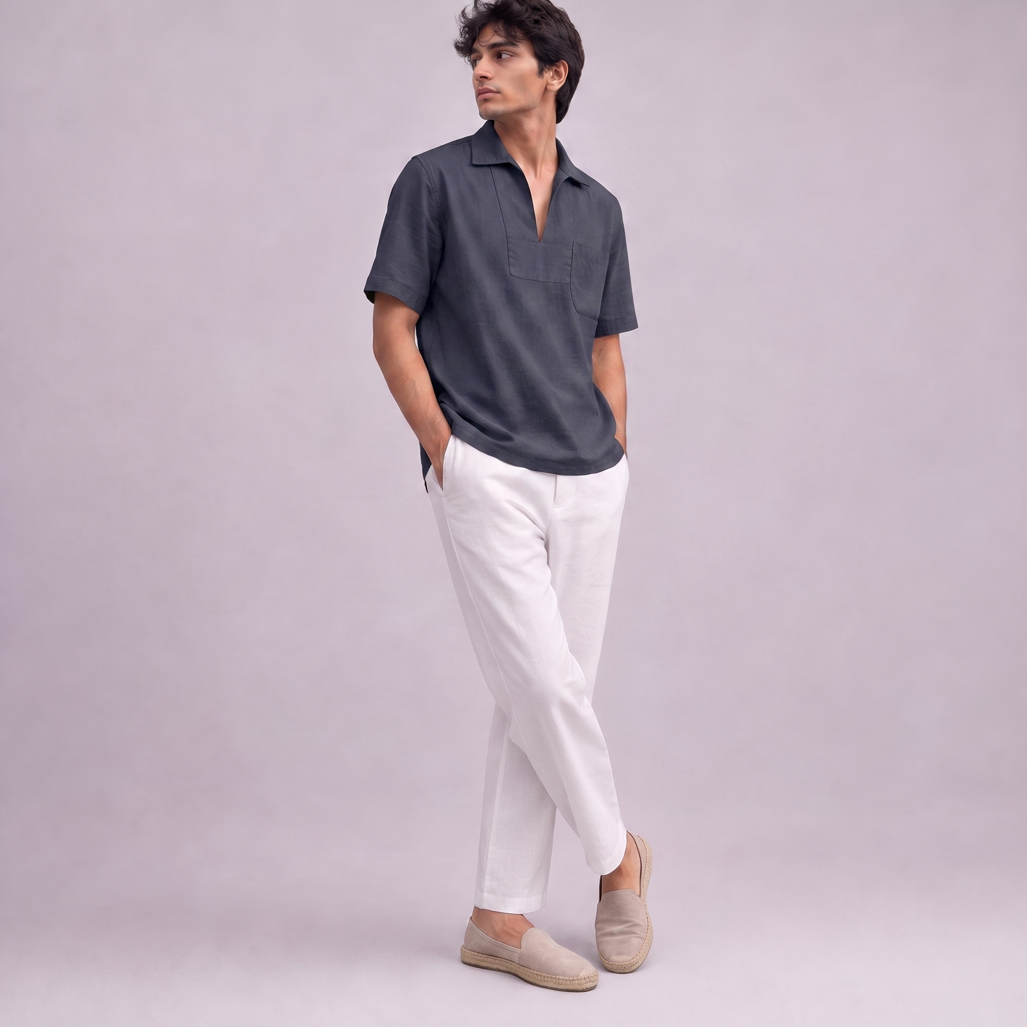 Linen Pullover Shirt in half sleeve in Navy Blue, Ratń Swamini