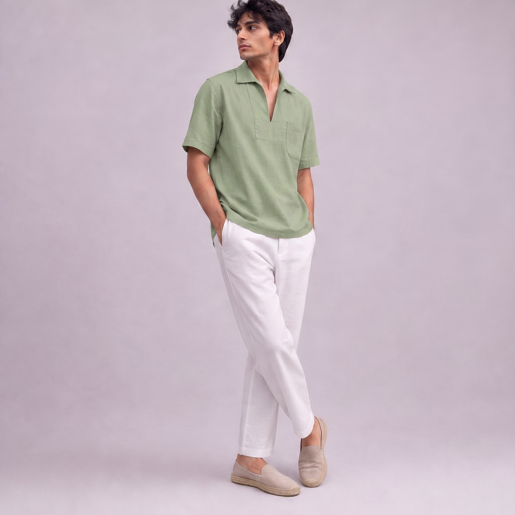 Linen Pullover Shirt in half sleeve in Sage Green, Ratń Swamini
