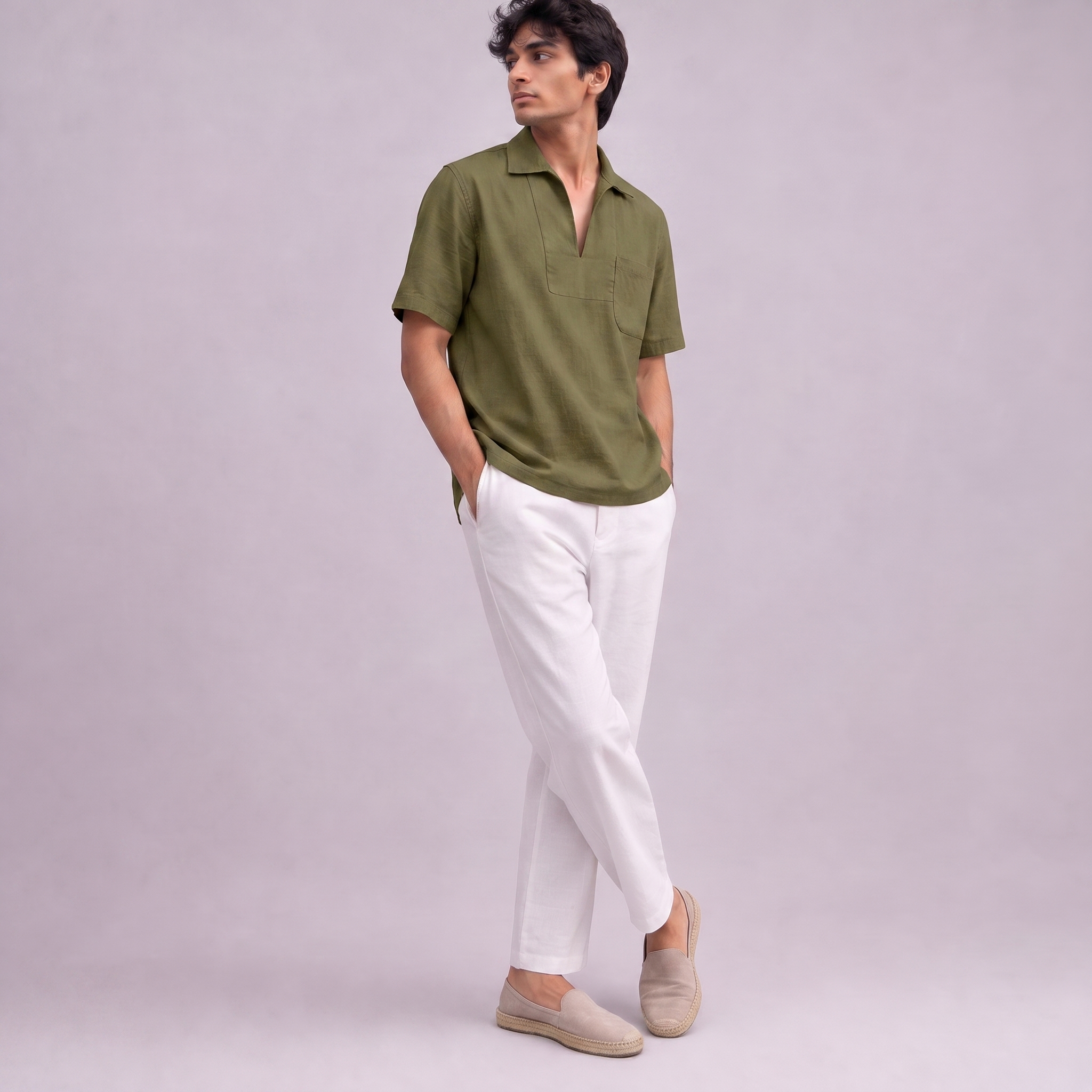 Linen Pullover Shirt in half sleeve in Moss Green, Ratń Swamini