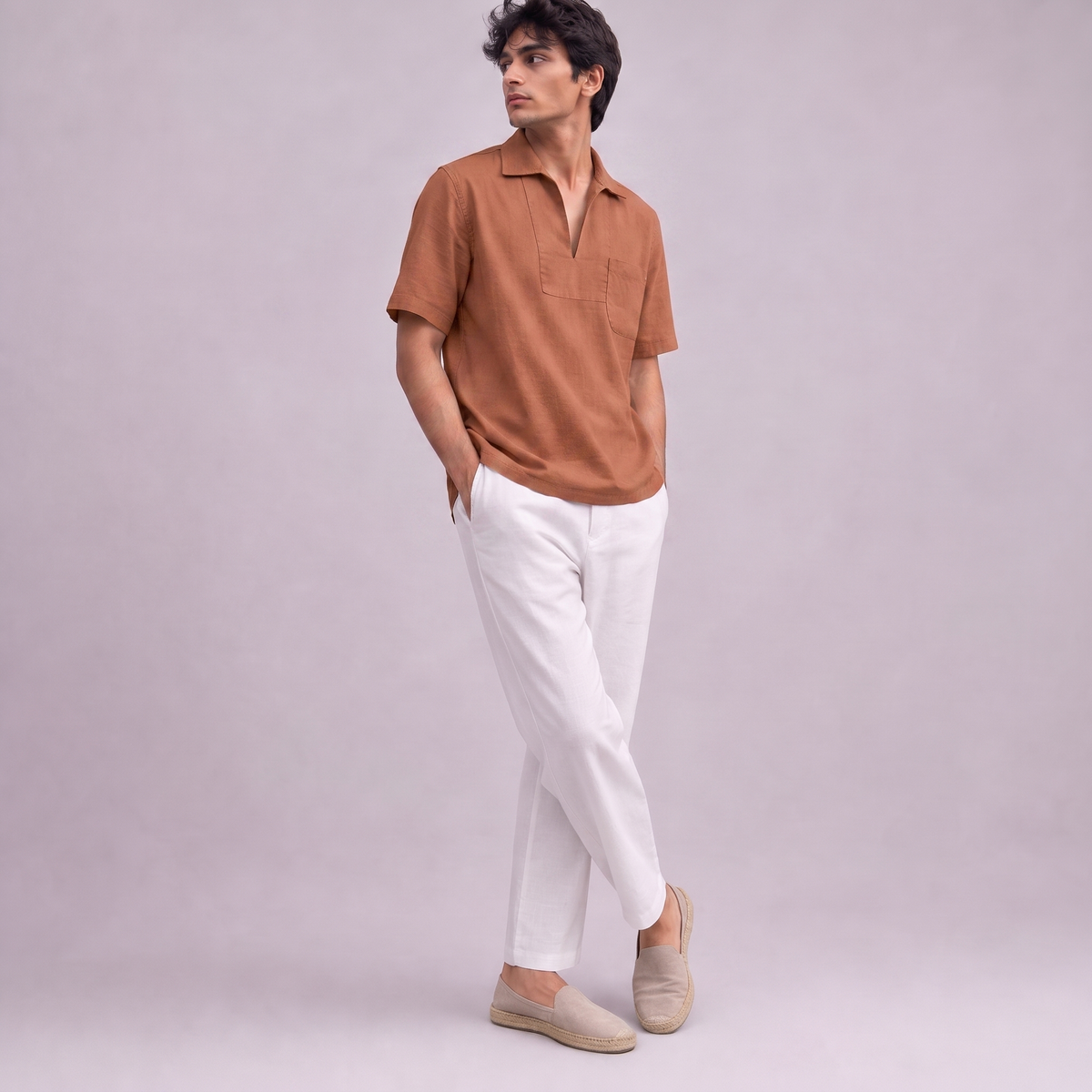 Linen Pullover Shirt in half sleeve in Terracotta, Ratń Swamini
