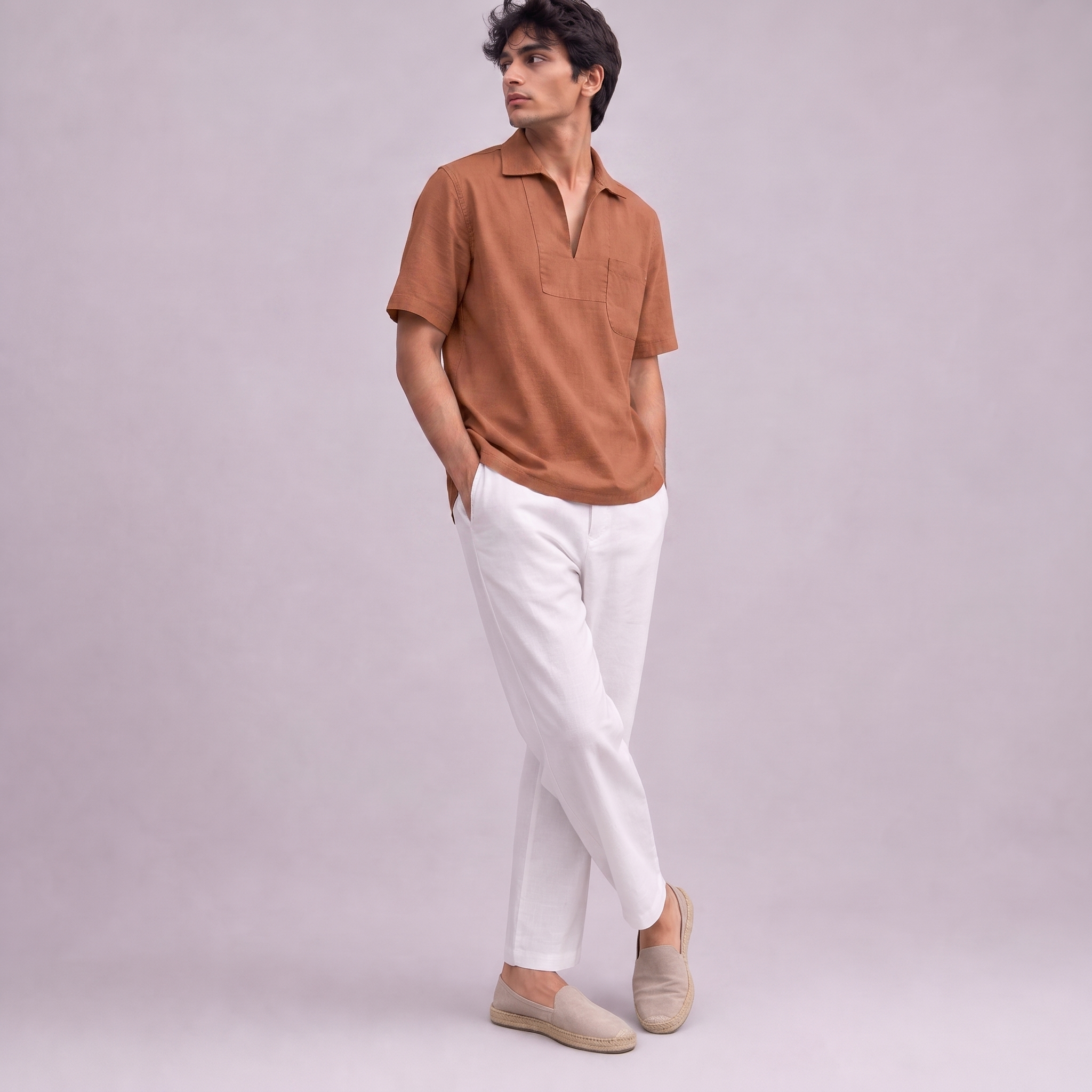 Linen Pullover Shirt in half sleeve in Terracotta, Ratń Swamini