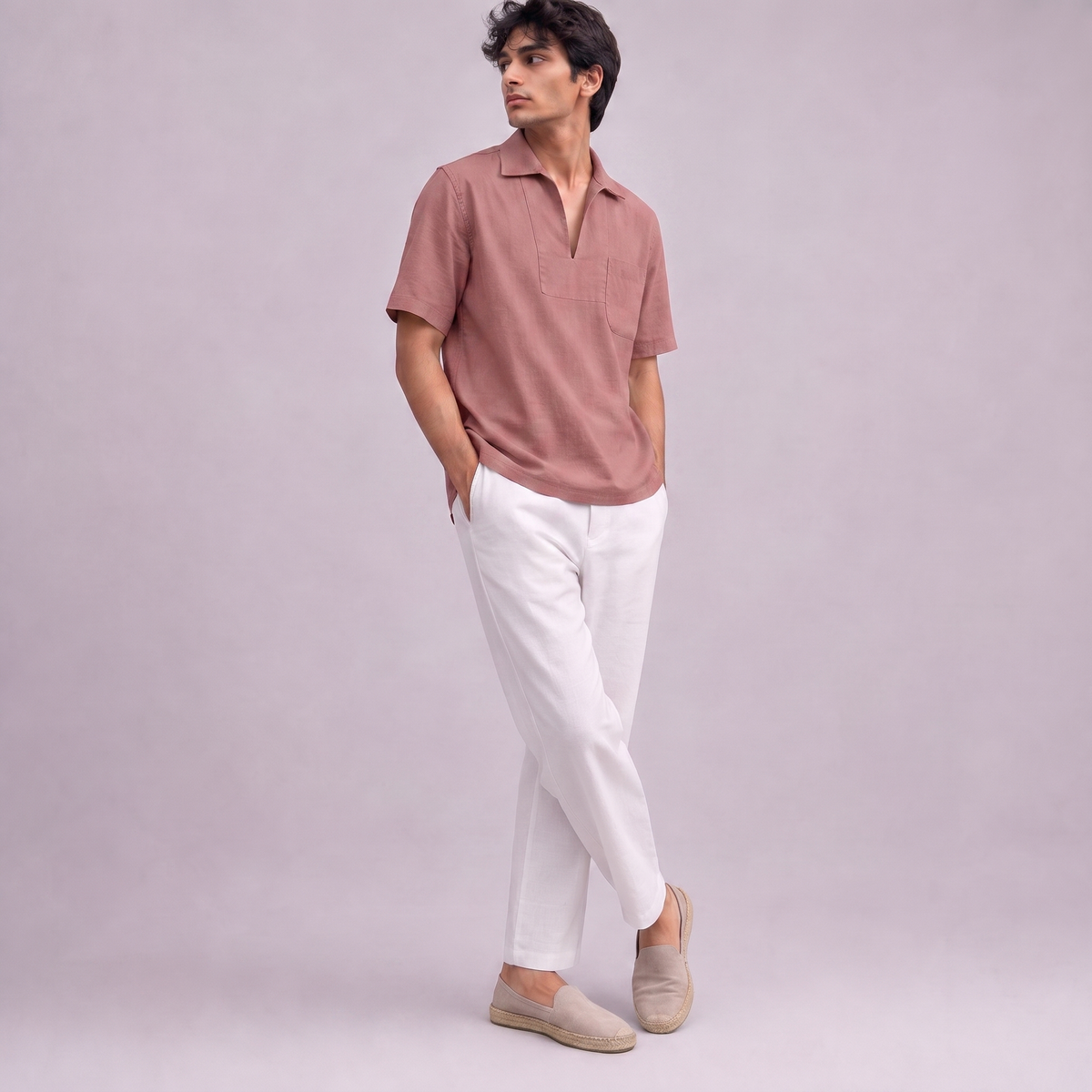 Linen Pullover Shirt in half sleeve in Dusty Rose, Ratń Swamini