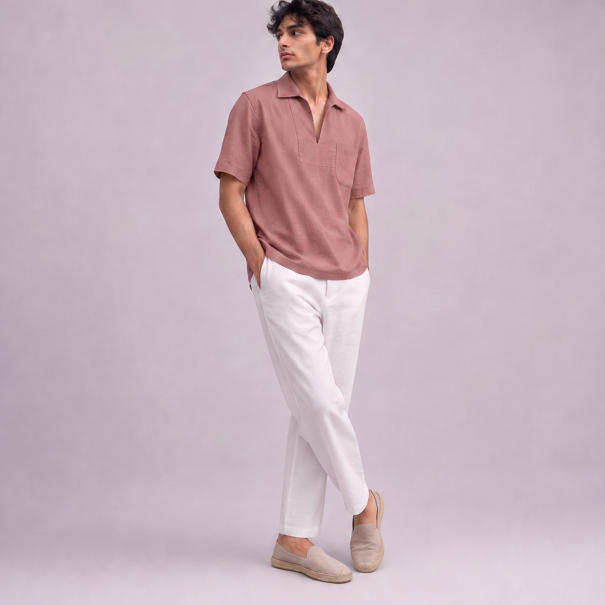 Linen Pullover Shirt in half sleeve in Dusty Rose, Ratń Swamini