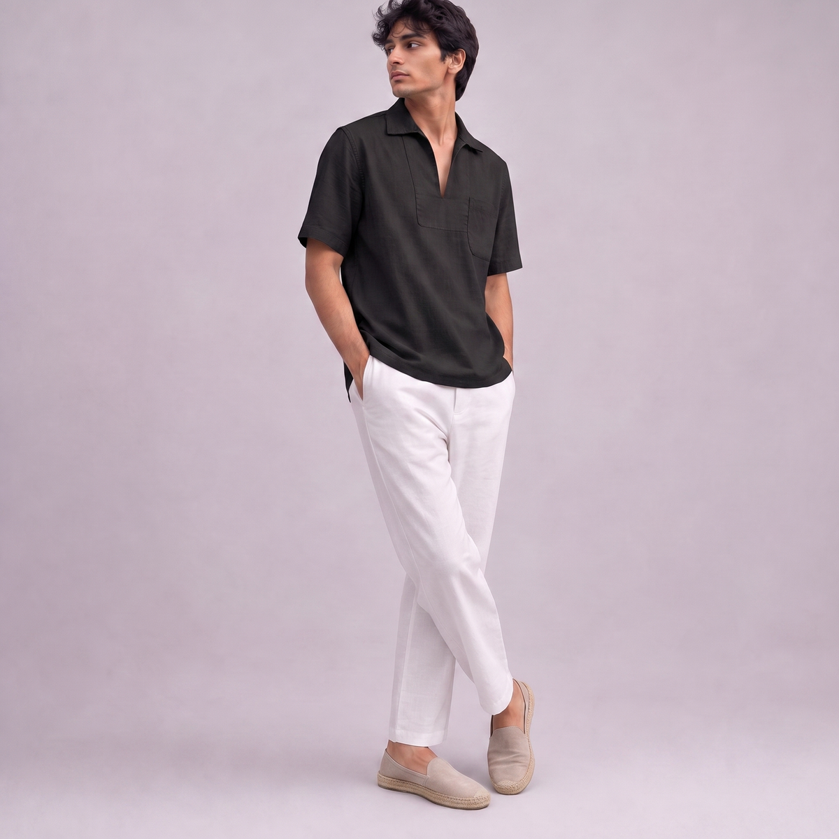 Linen Pullover Shirt in half sleeve in Black, Ratń Swamini