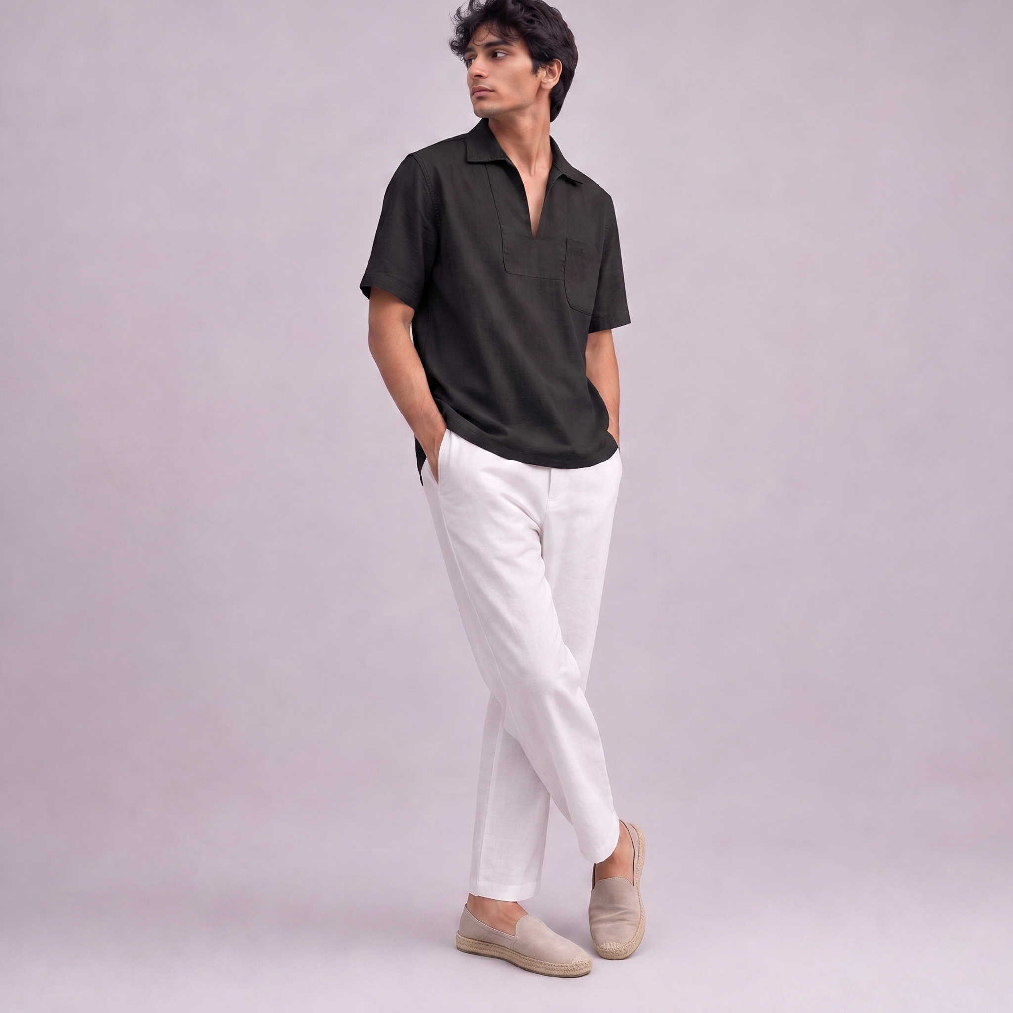 Linen Pullover Shirt in half sleeve in Black, Ratń Swamini