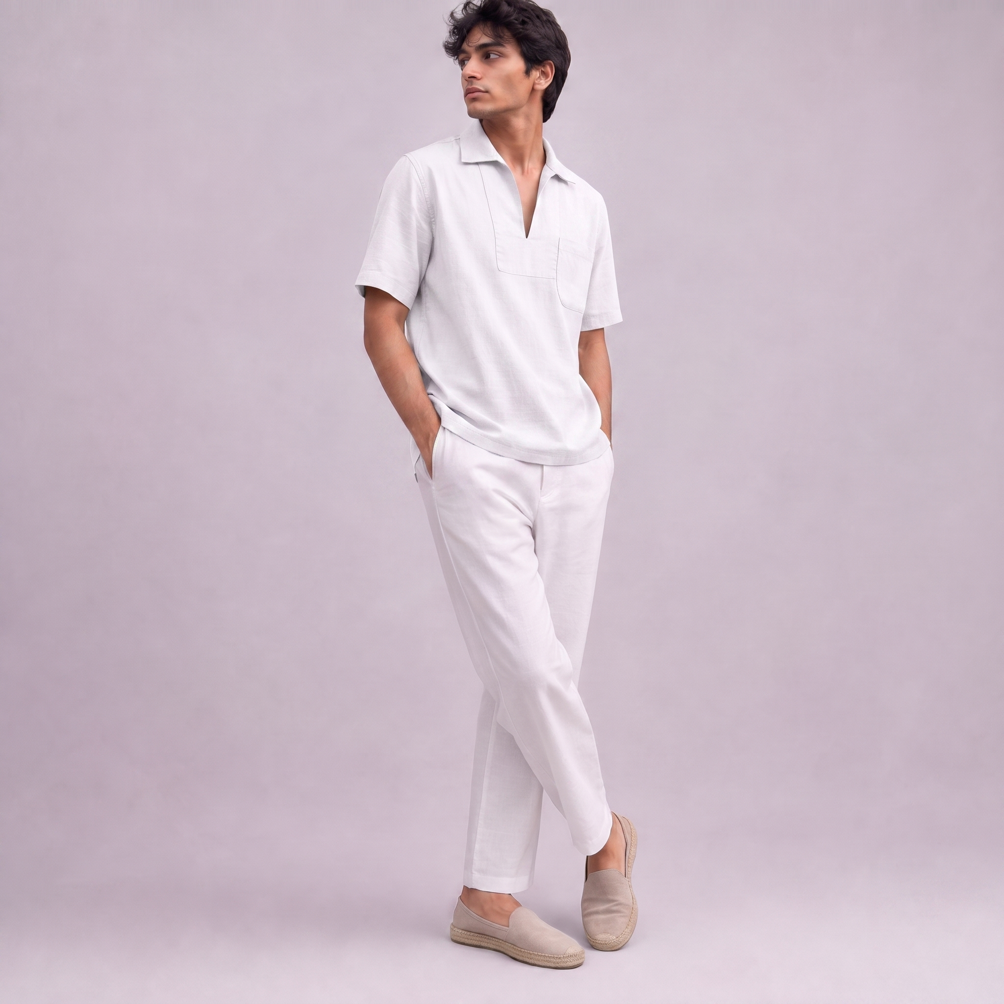 Linen Pullover Shirt in half sleeve in White, Ratń Swamini