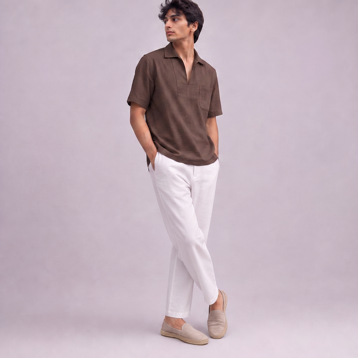 Linen Pullover Shirt in half sleeve in Chocolate Brown, Ratń Swamini