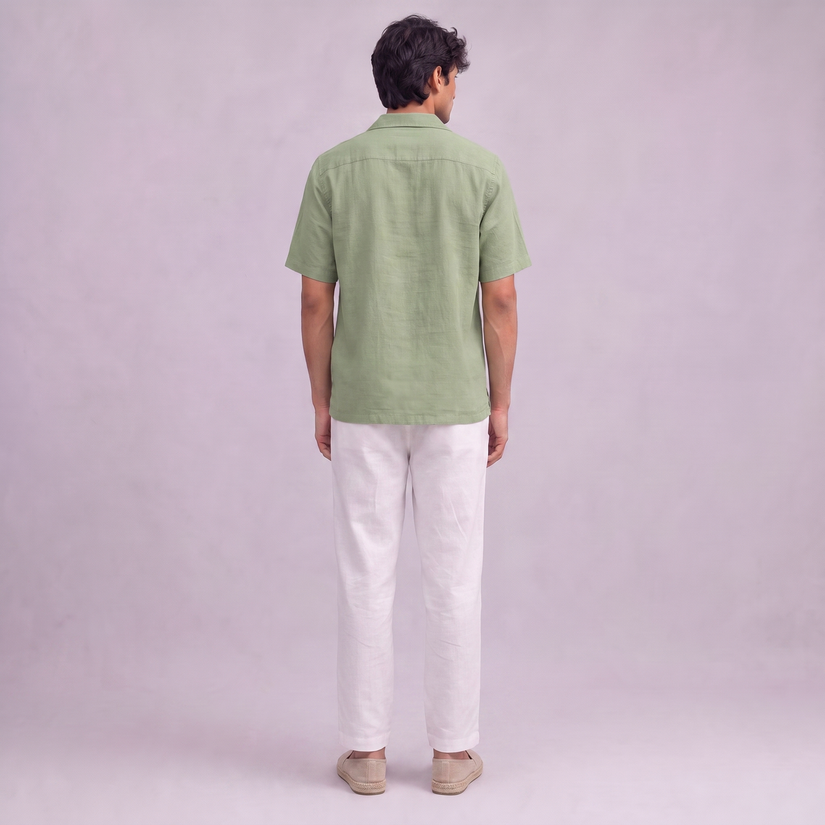 Linen Pullover Shirt in half sleeve in Sage Green - back view, Ratń Swamini