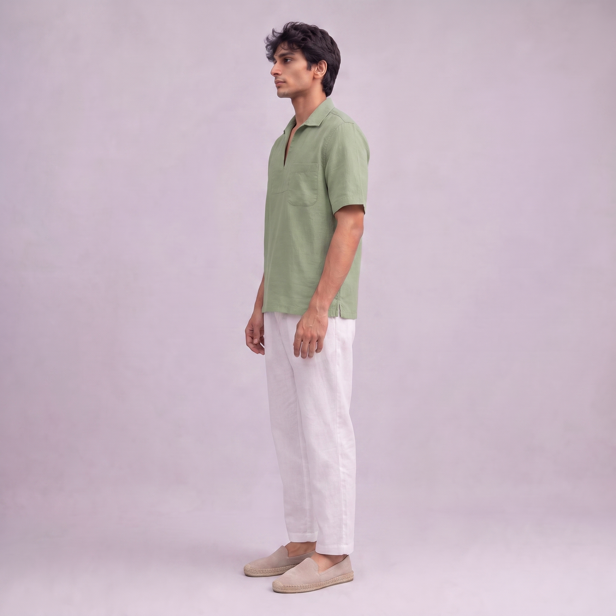 Linen Pullover Shirt in half sleeve in Sage Green - side view, Ratń Swamini