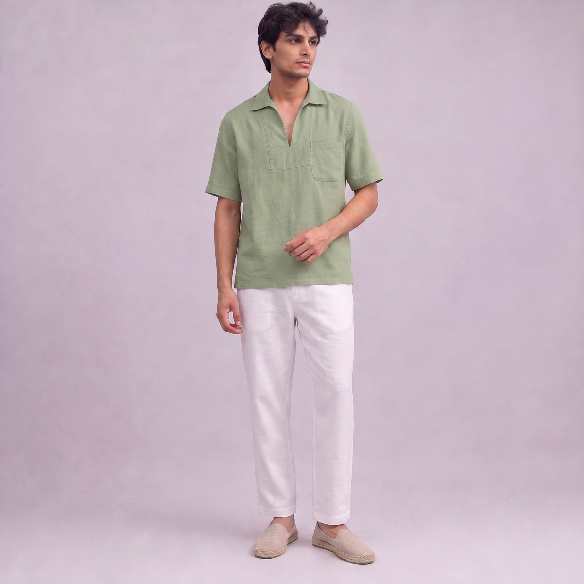 Linen Pullover Shirt in half sleeve in Sage Green - alt front view, Ratń Swamini