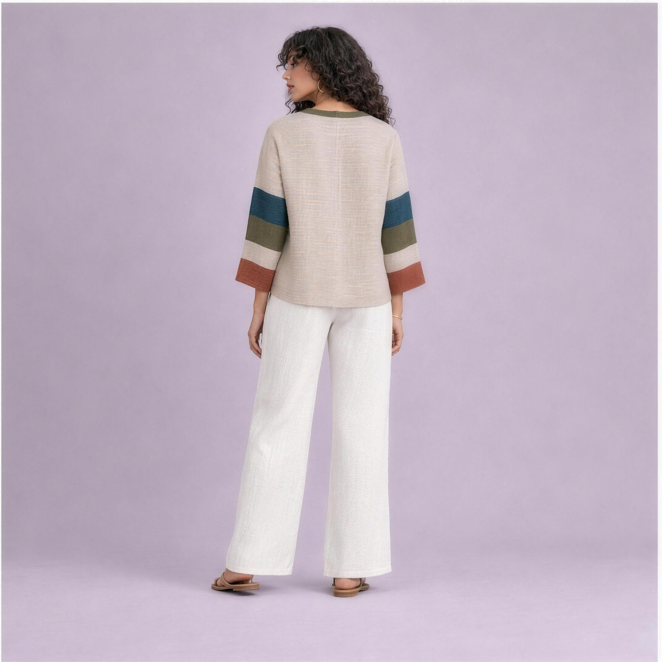 Linen Striped Sleeve Top in Marina, Ratń Swamini, back view