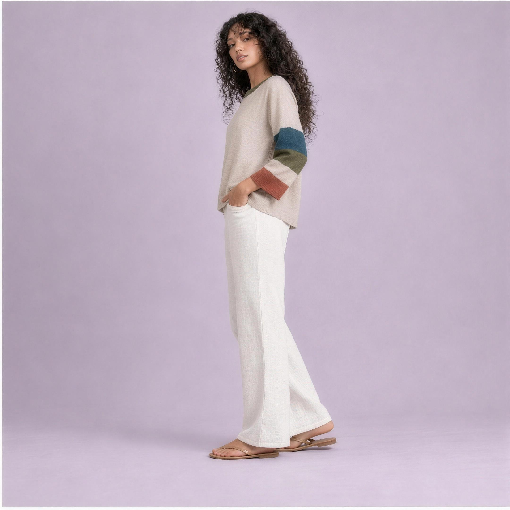 Linen Striped Sleeve Top in Marina, Ratń Swamini, side view