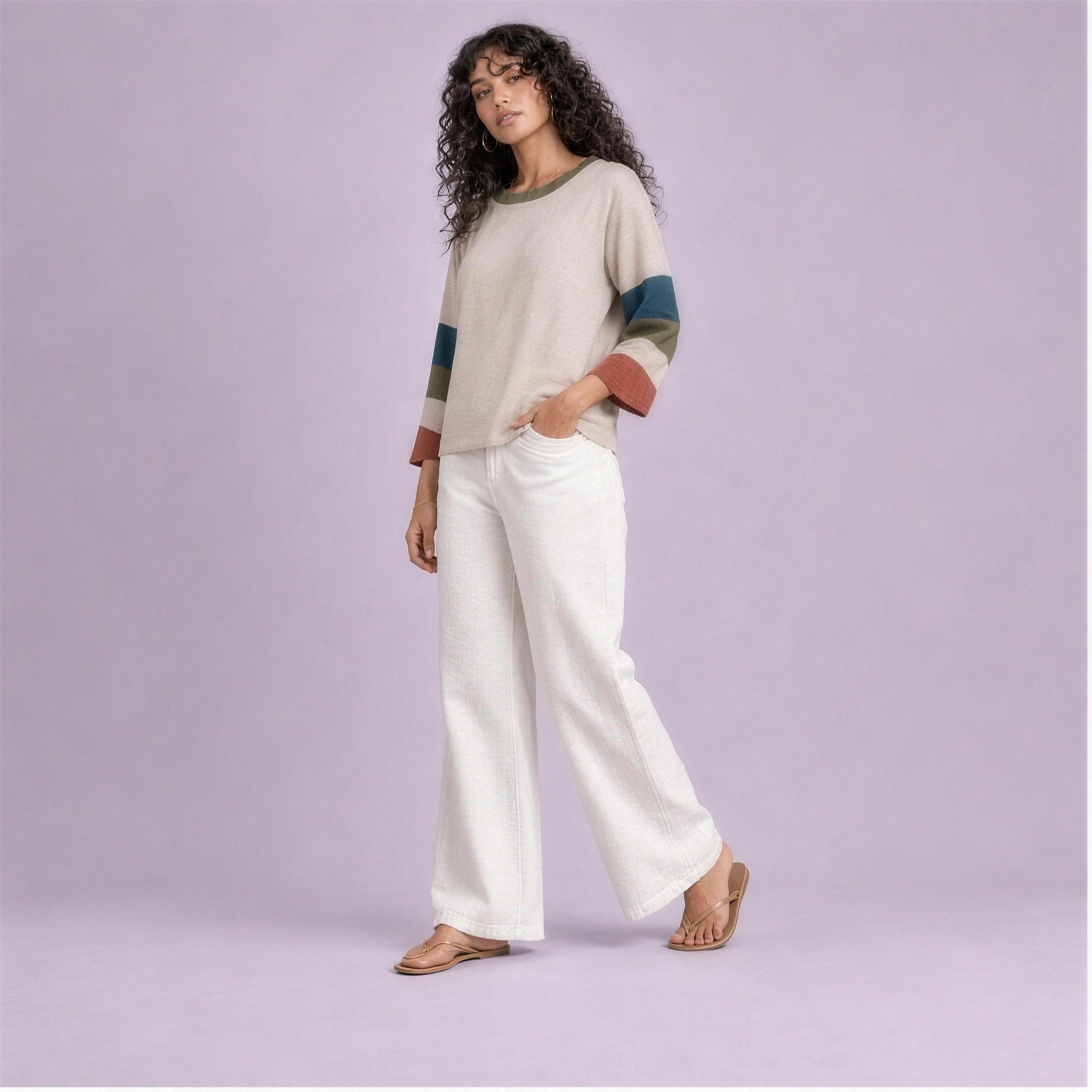 Linen Striped Sleeve Top in Marina, Ratń Swamini, alt front view