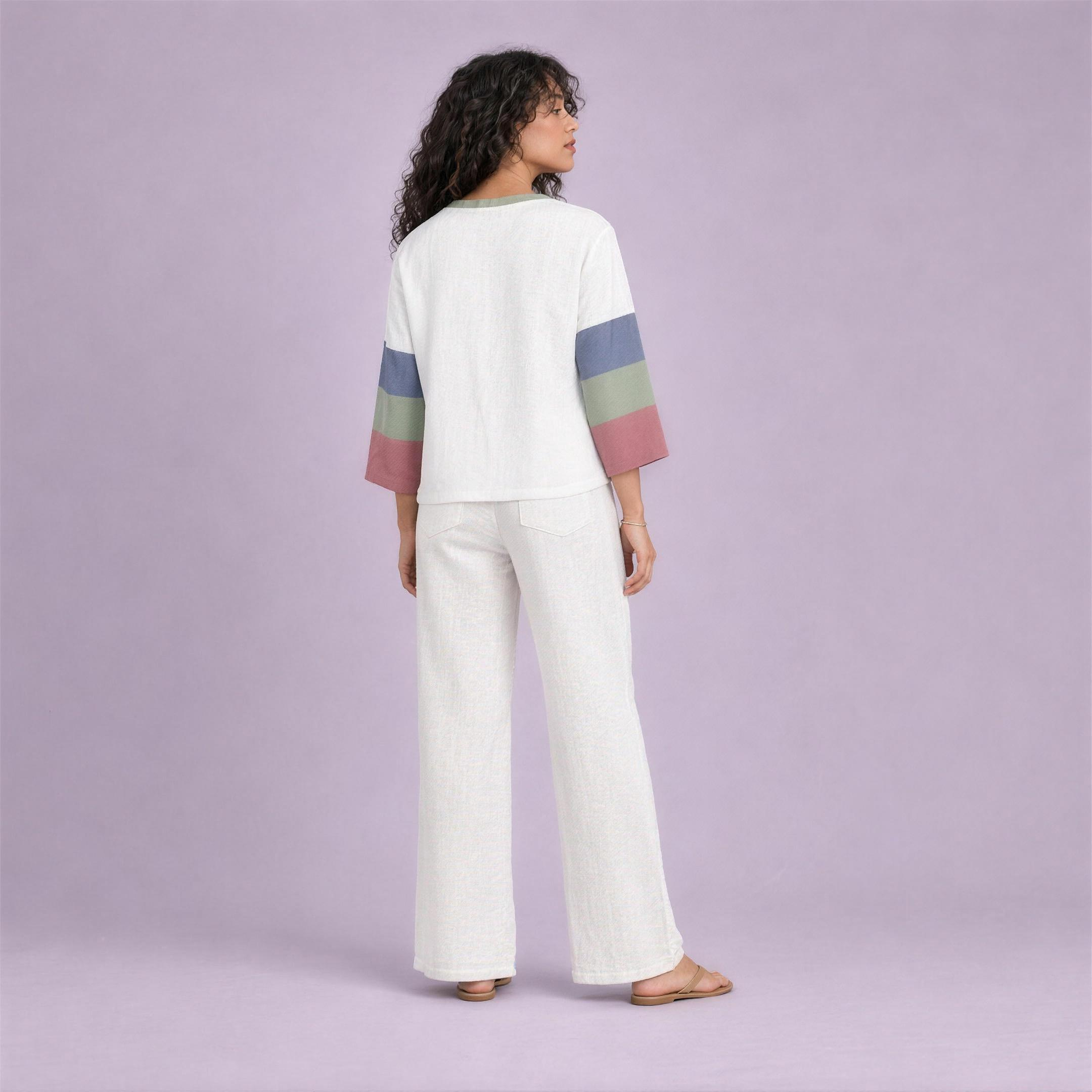 Linen Striped Sleeve Top in Orchard, Ratń Swamini, back view