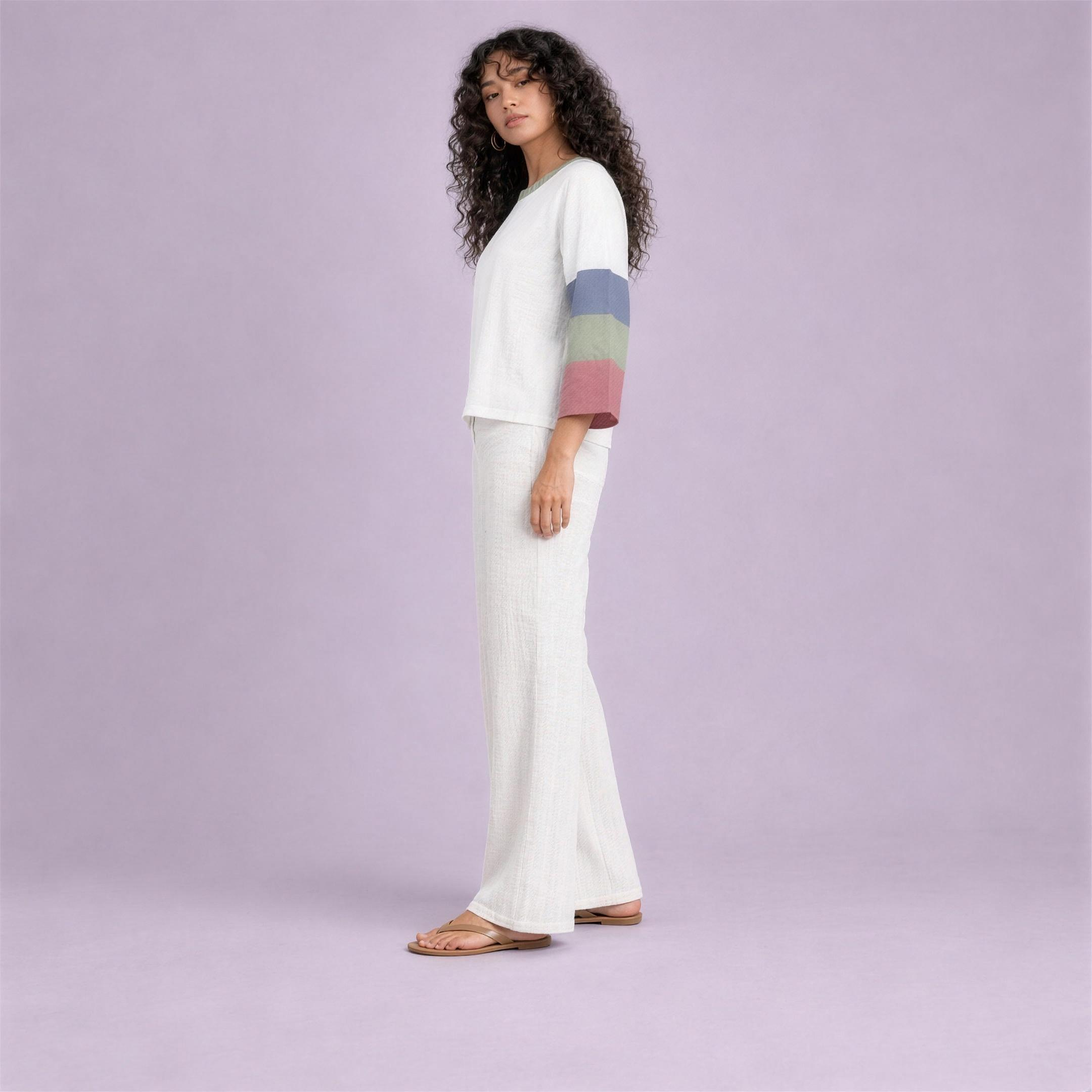 Linen Striped Sleeve Top in Orchard, Ratń Swamini, side view