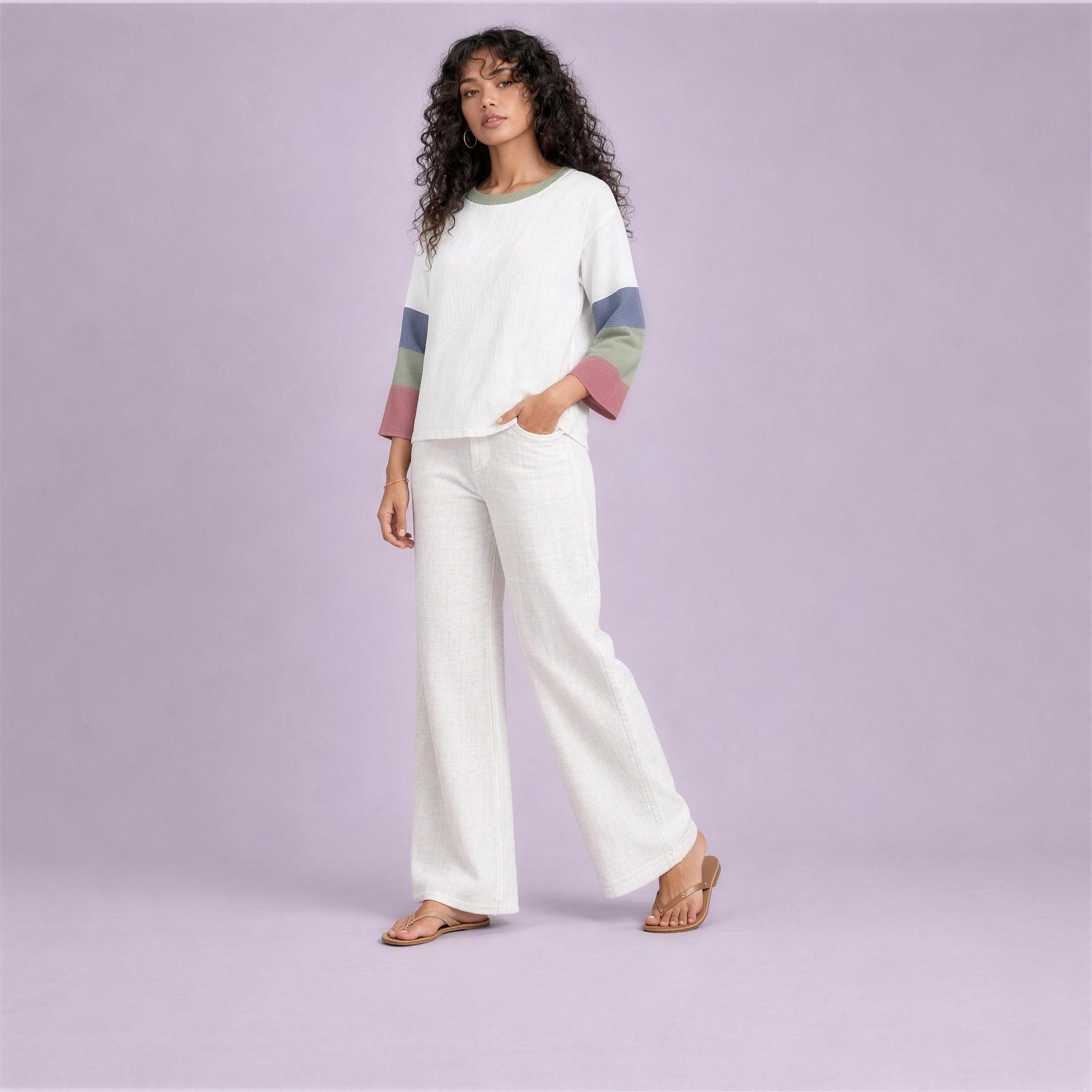 Linen Striped Sleeve Top in Orchard, Ratń Swamini, alt front view
