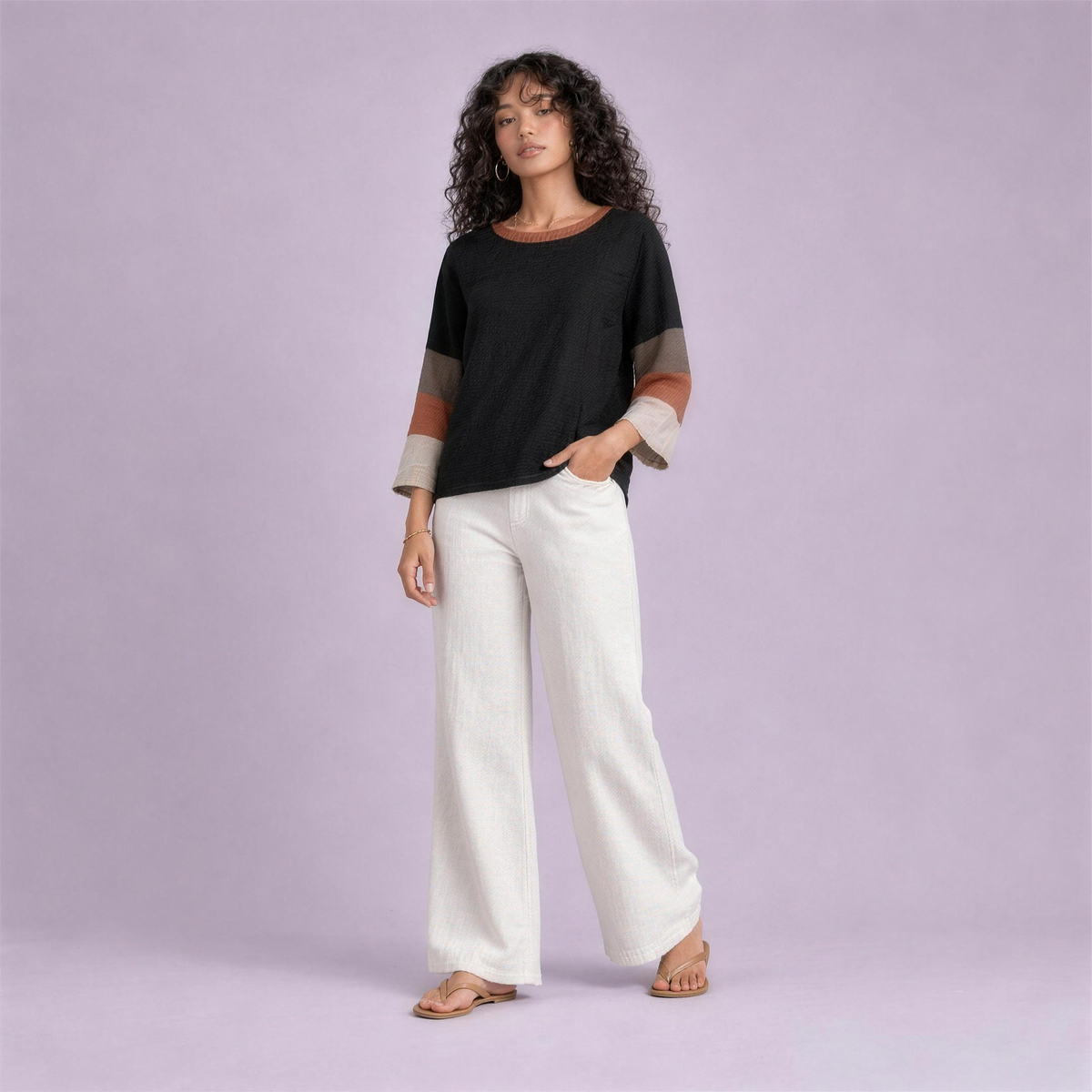 Linen Striped Sleeve Top in Ember, Ratń Swamini