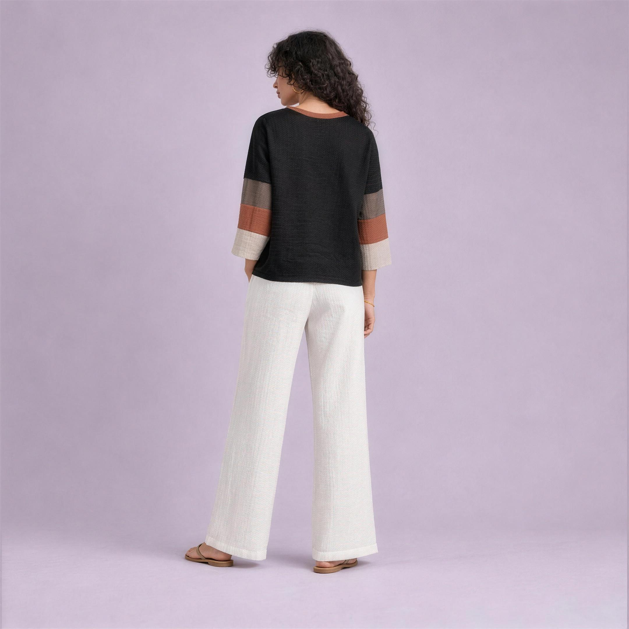 Linen Striped Sleeve Top in Ember, Ratń Swamini, back view