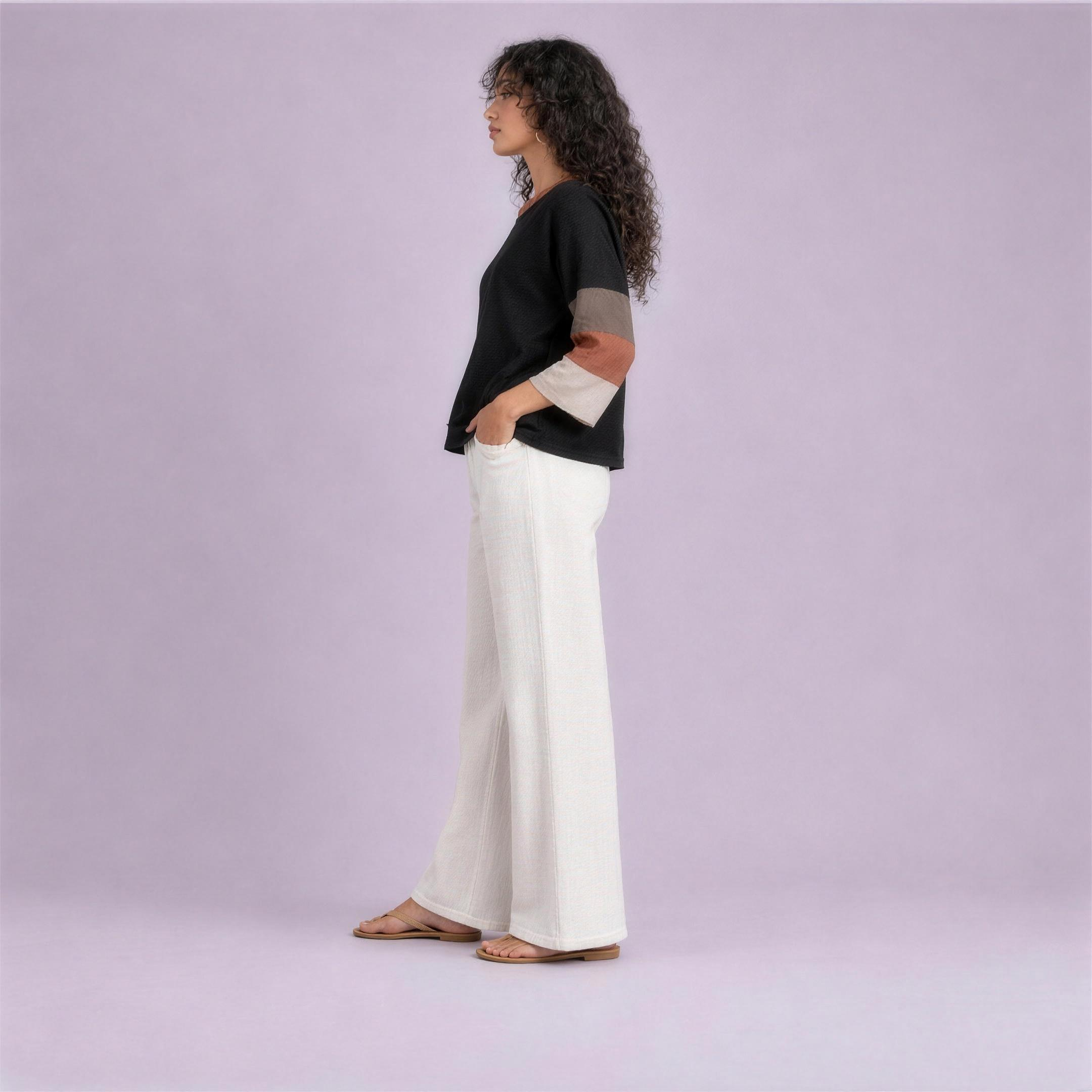 Linen Striped Sleeve Top in Ember, Ratń Swamini, side view