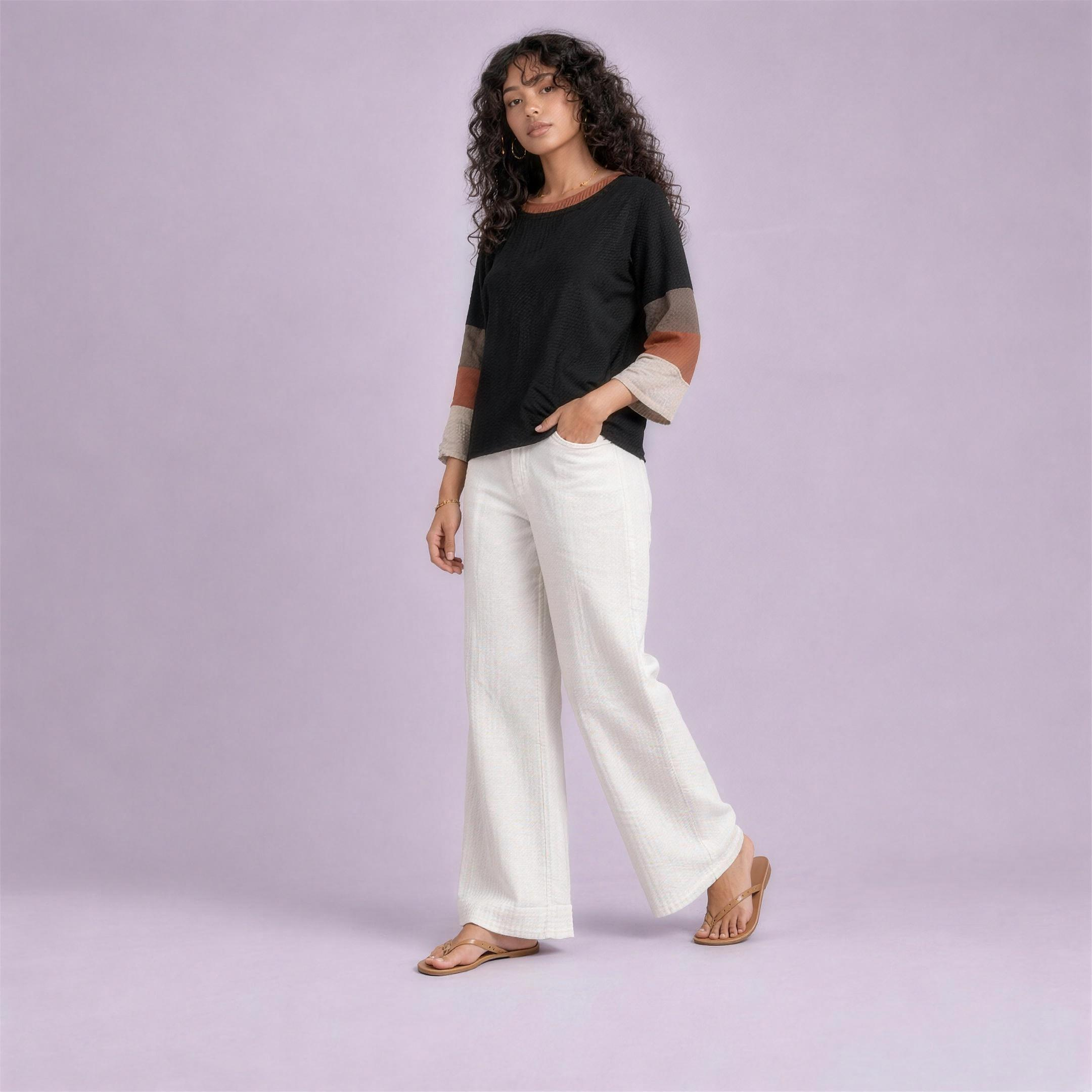 Linen Striped Sleeve Top in Ember, Ratń Swamini, alt front view