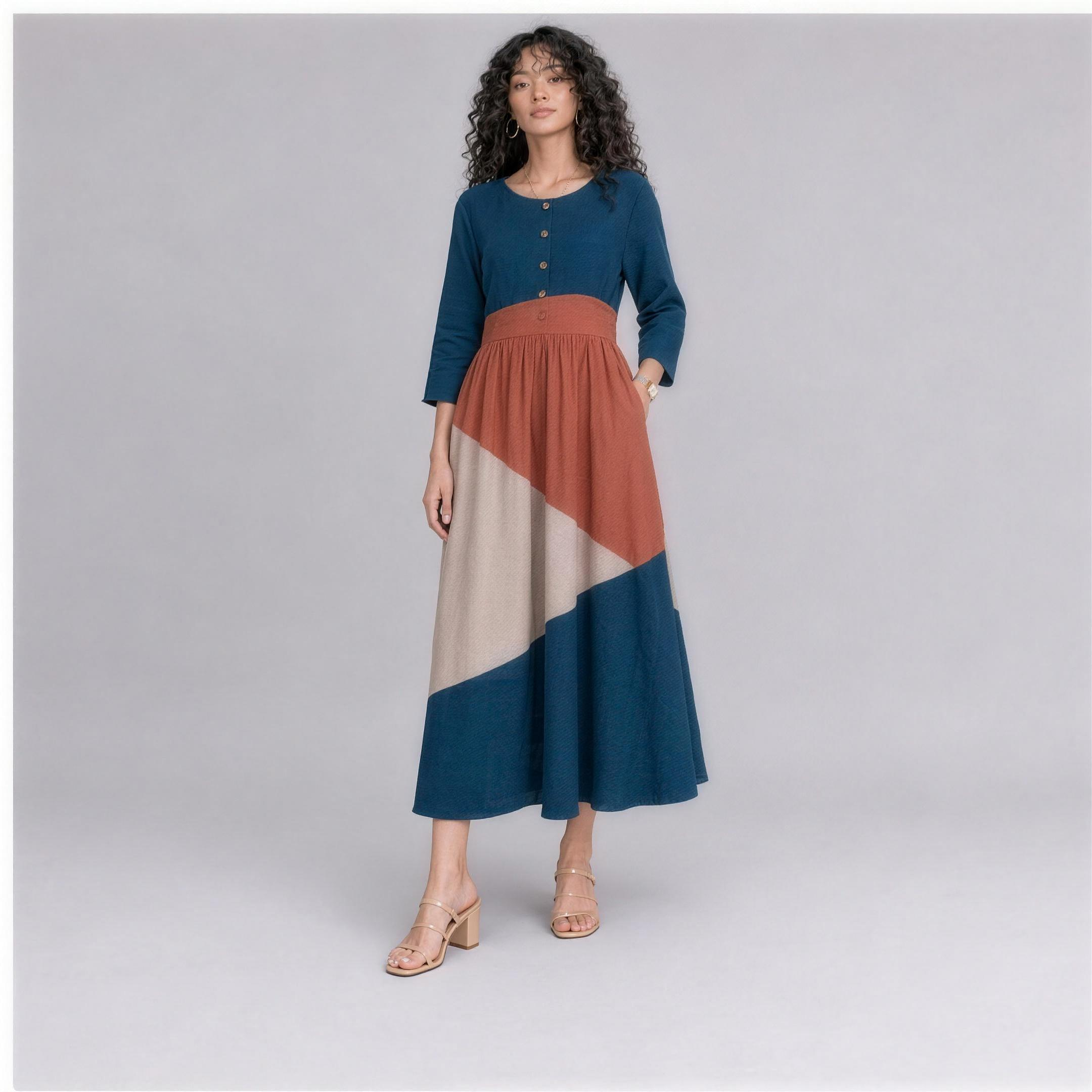 Linen Colour-Block Tiered Midi Dress in Coastal, Ratń Swamini