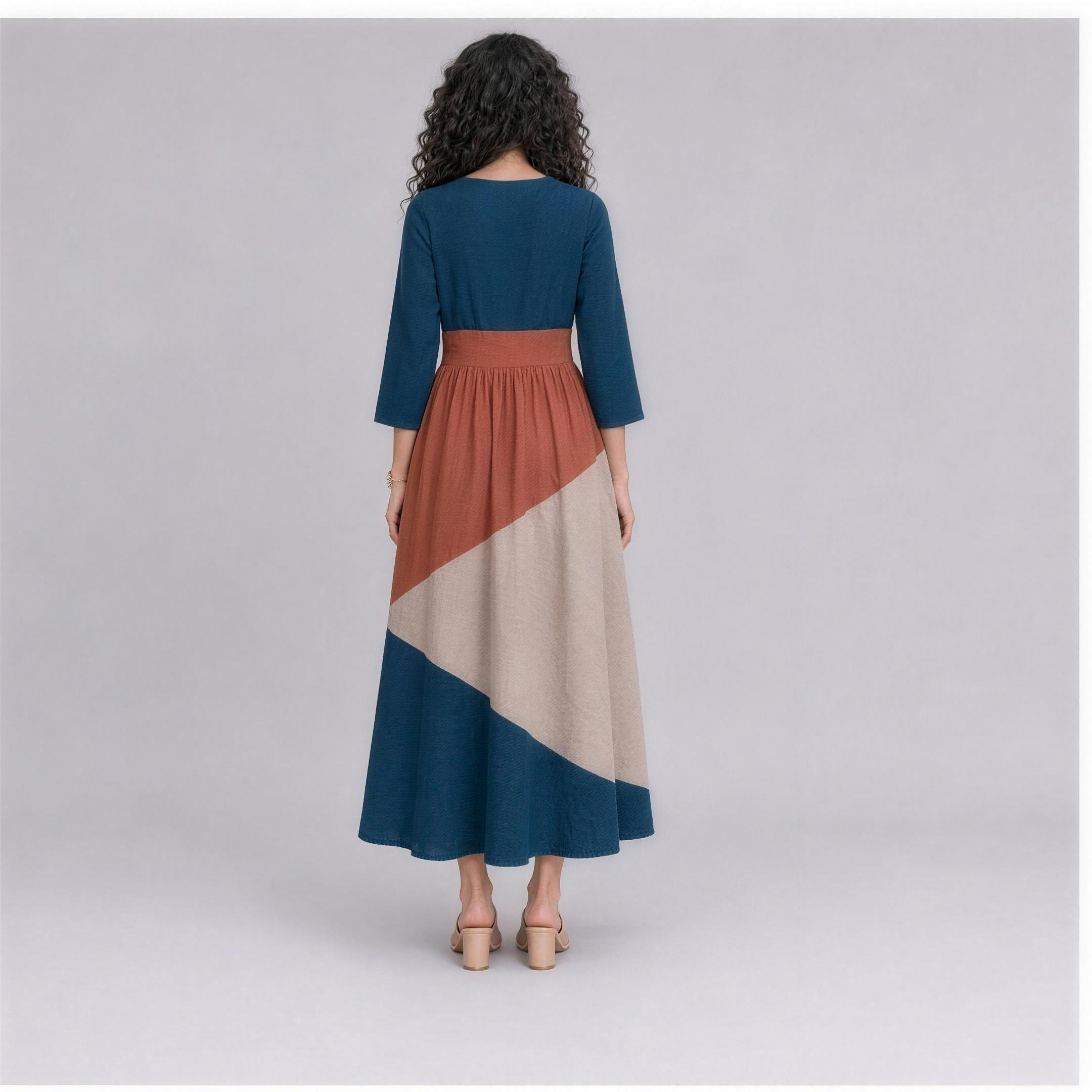 Linen Colour-Block Tiered Midi Dress in Coastal, Ratń Swamini, back view