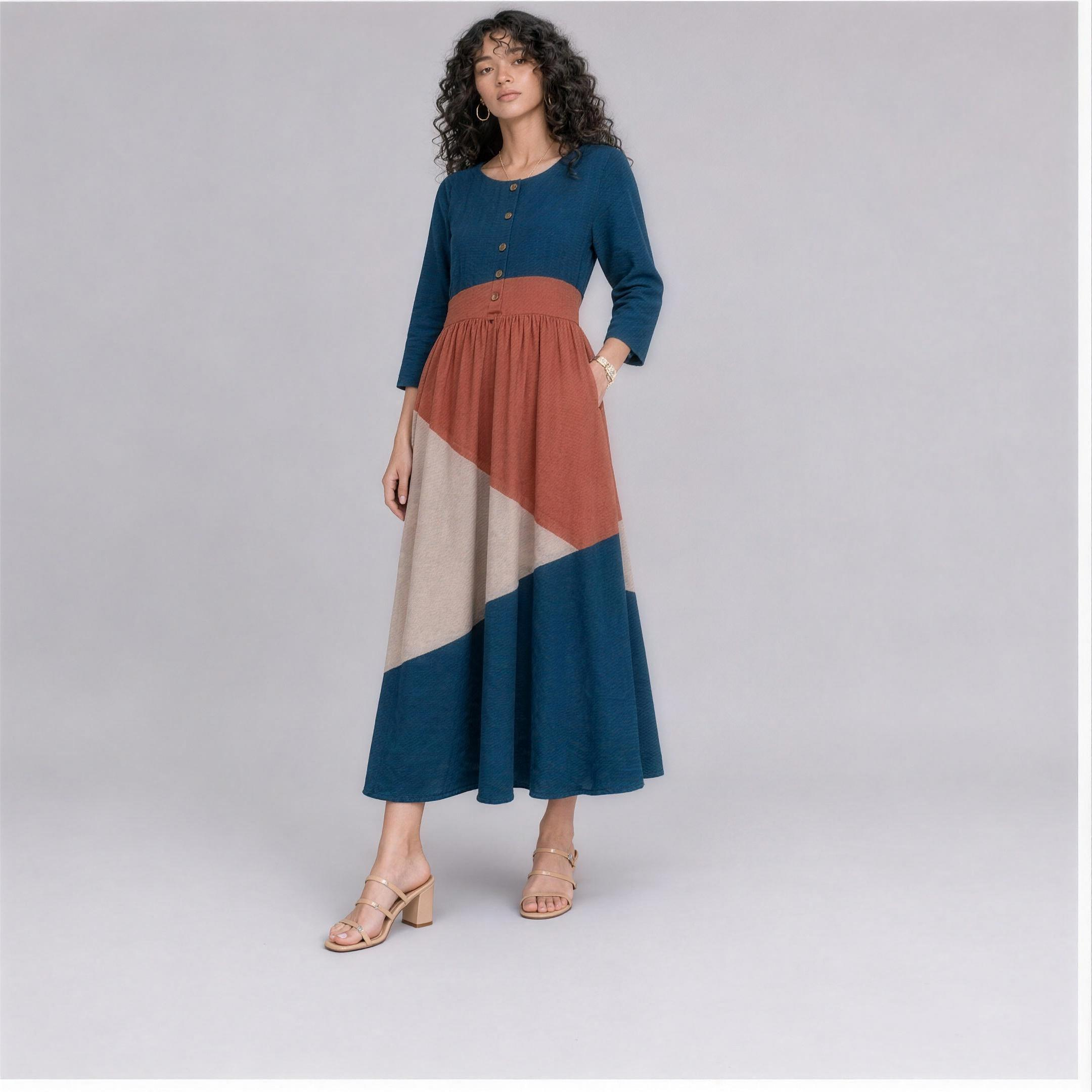 Linen Colour-Block Tiered Midi Dress in Coastal, Ratń Swamini, alt front view