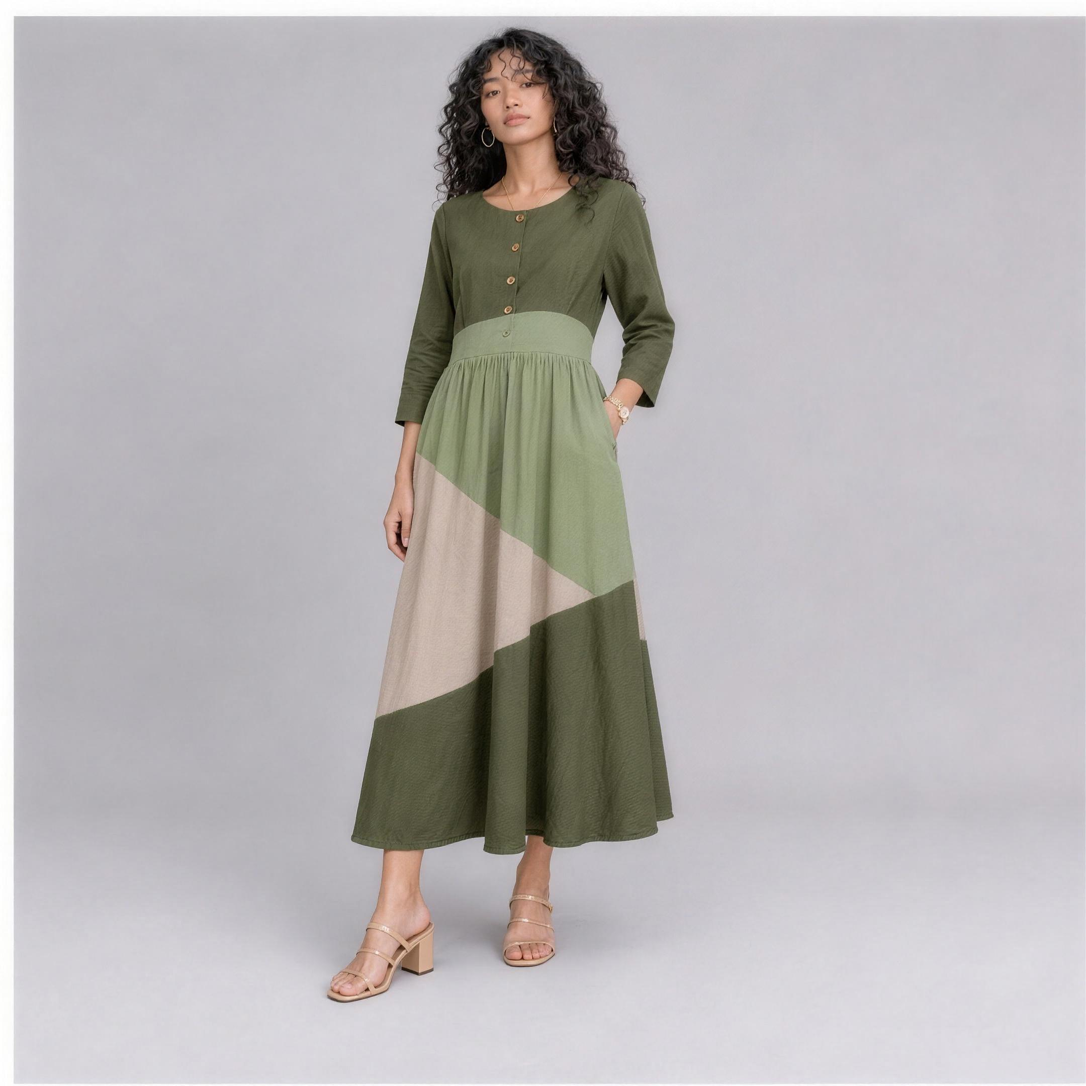 Linen Colour-Block Tiered Midi Dress in Meadow, Ratń Swamini