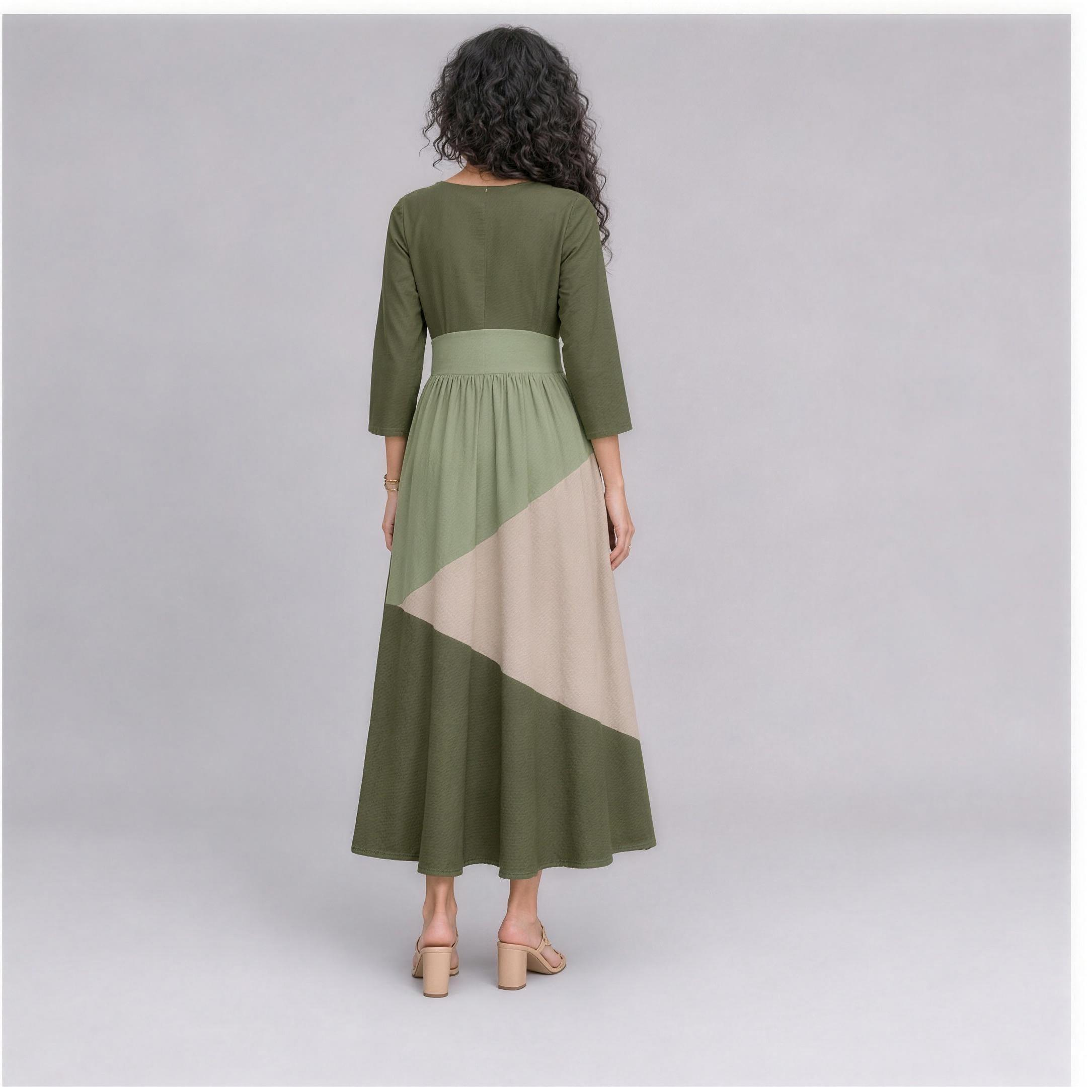 Linen Colour-Block Tiered Midi Dress in Meadow, Ratń Swamini, back view
