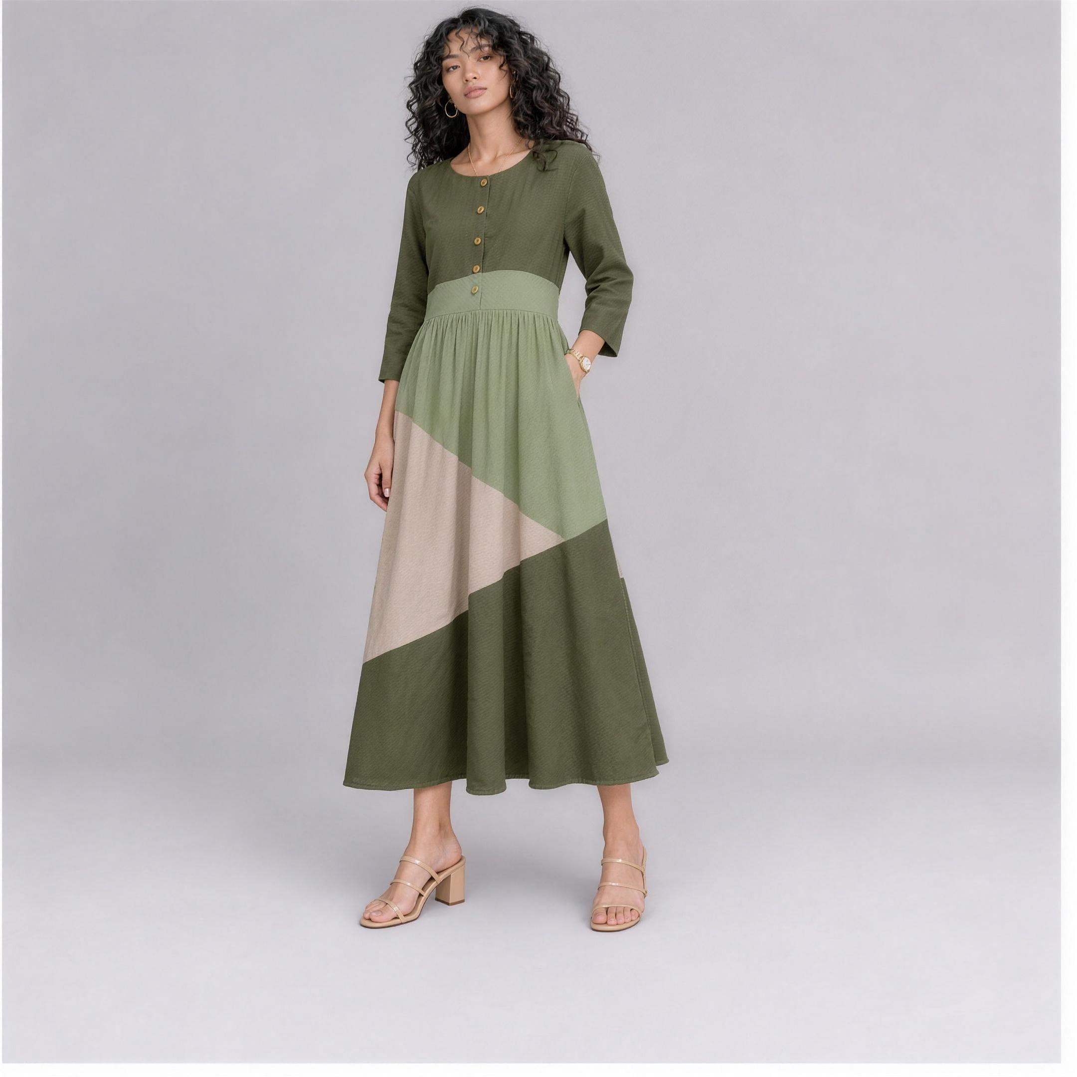 Linen Colour-Block Tiered Midi Dress in Meadow, Ratń Swamini, alt front view