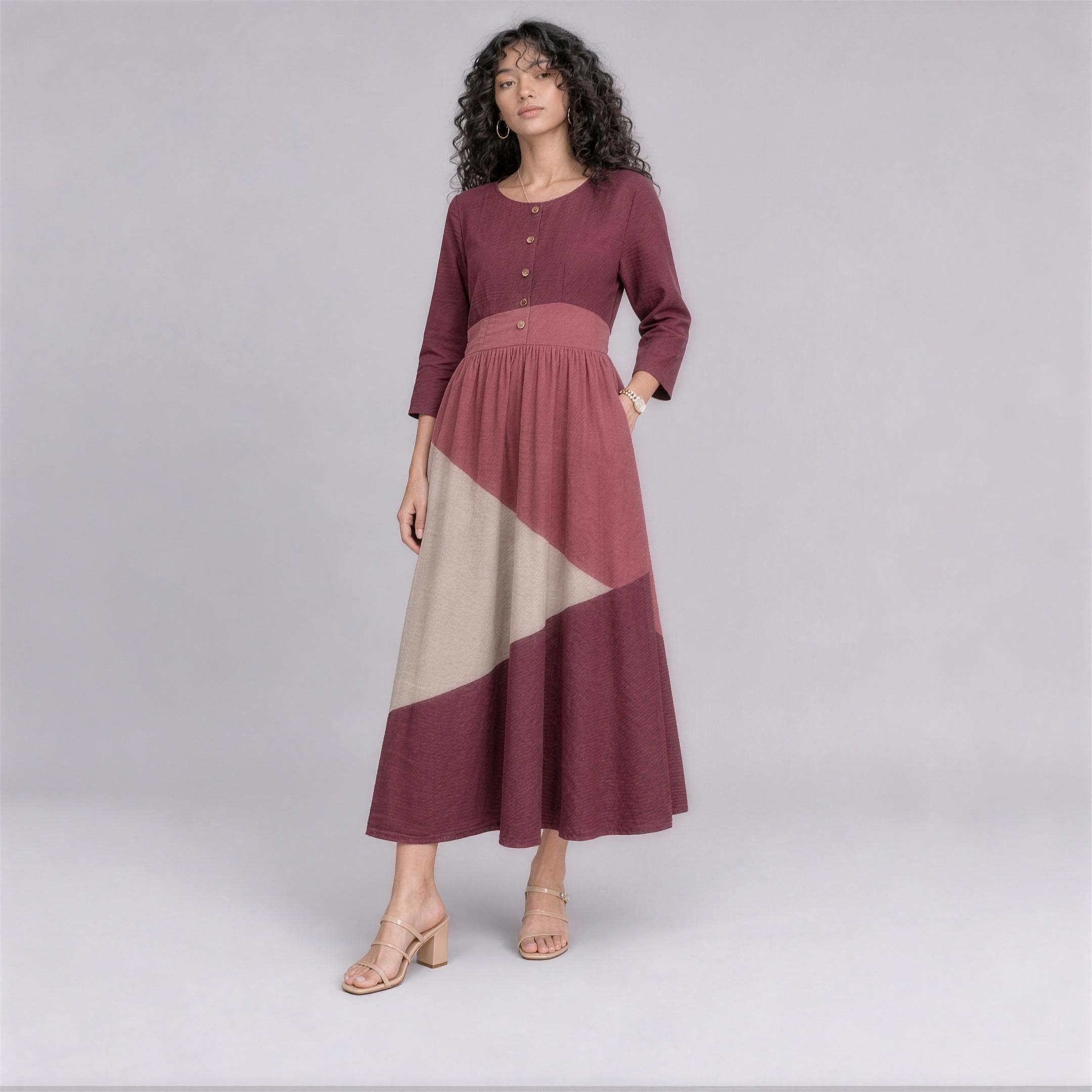 Linen Colour-Block Tiered Midi Dress in Rosewood, Ratń Swamini