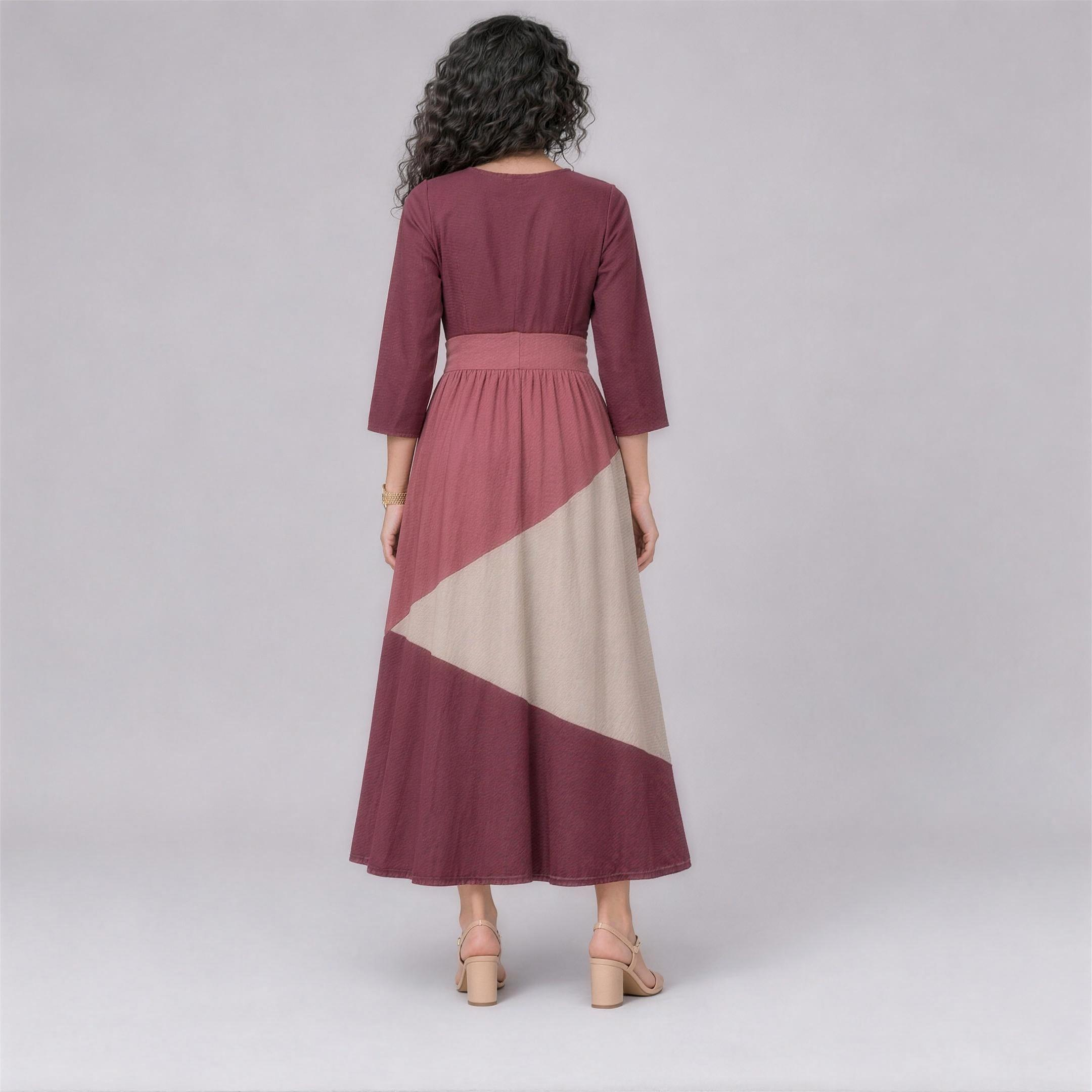 Linen Colour-Block Tiered Midi Dress in Rosewood, Ratń Swamini, back view