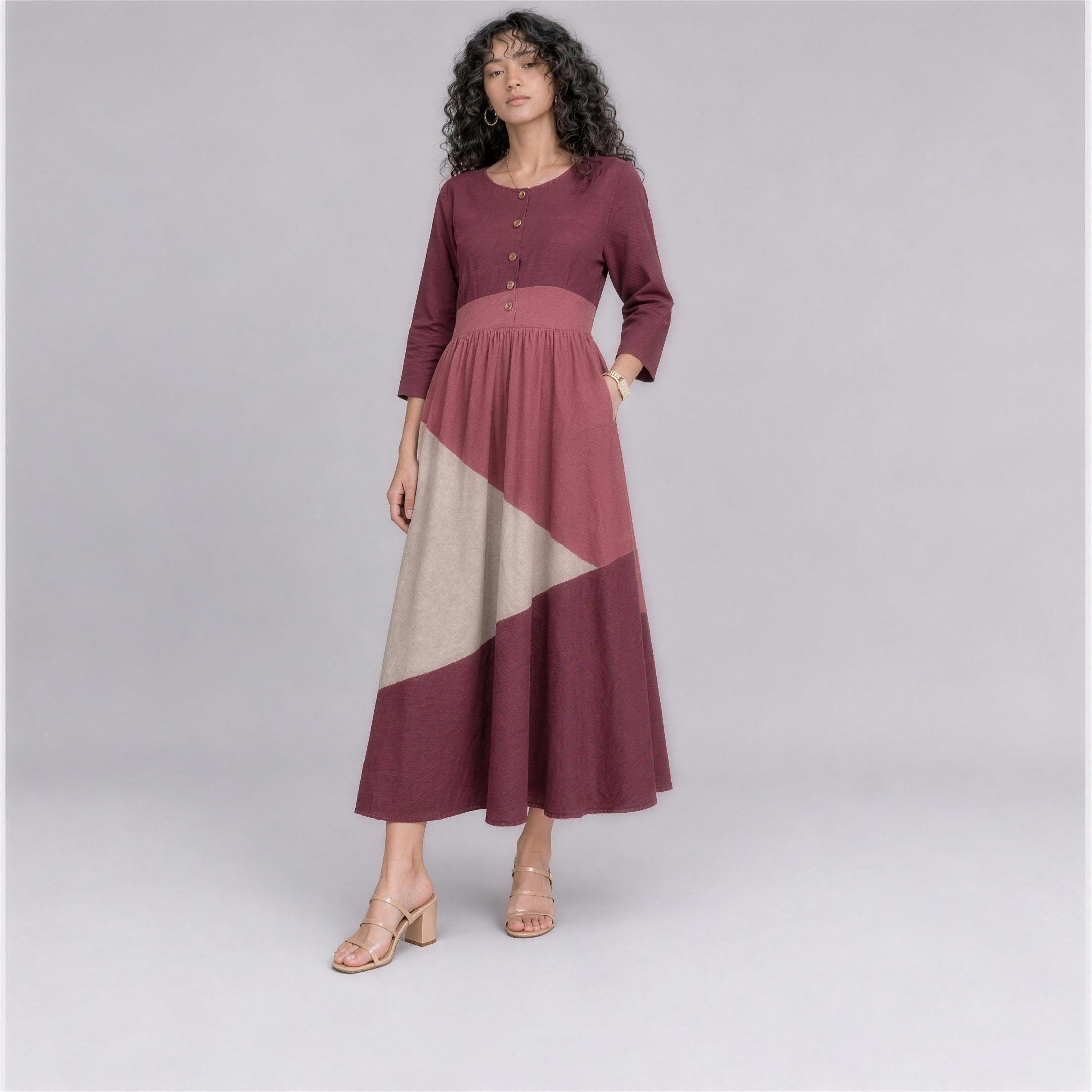 Linen Colour-Block Tiered Midi Dress in Rosewood, Ratń Swamini, alt front view