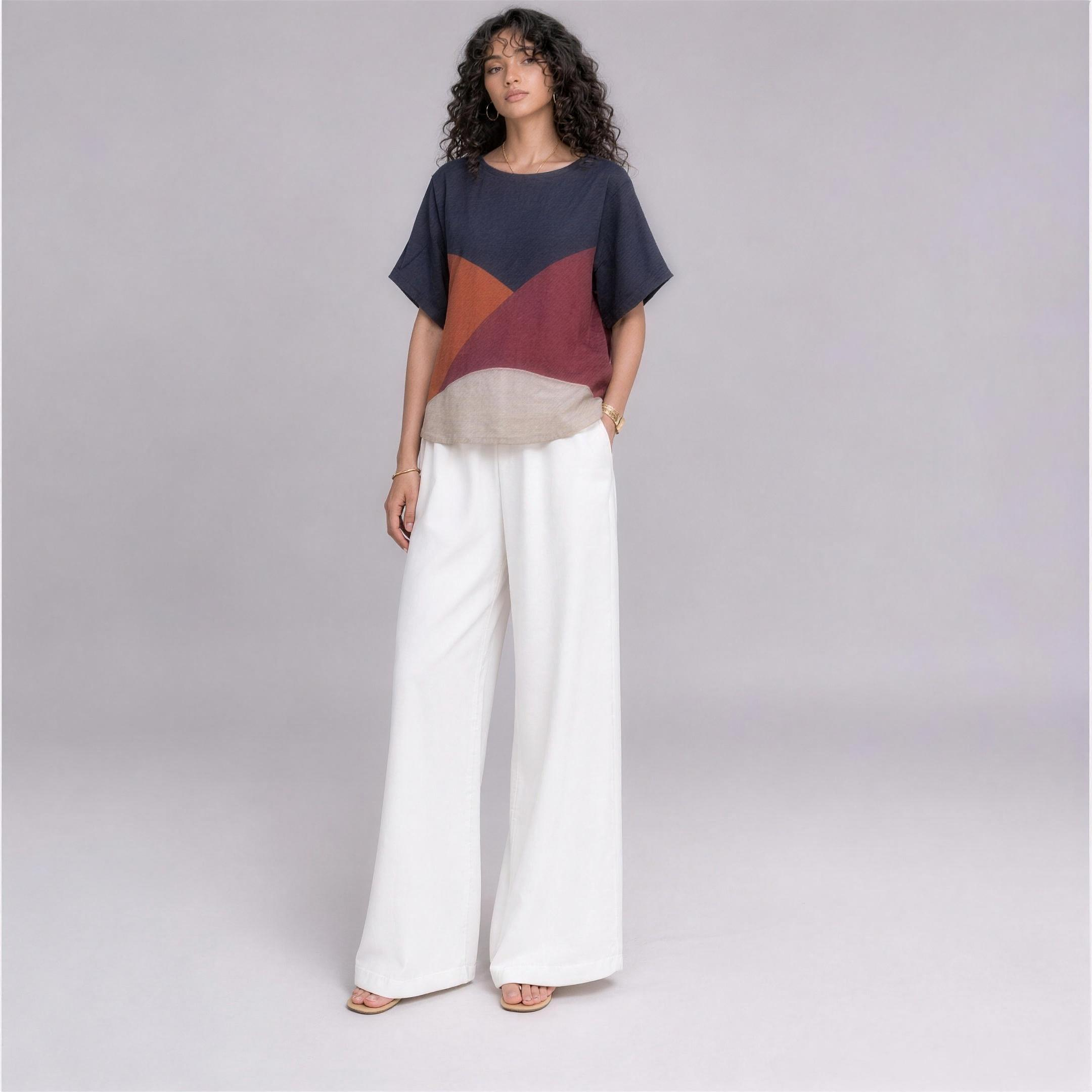 Linen Wave Colour-Block Top in Sundown, Ratń Swamini, alt front view