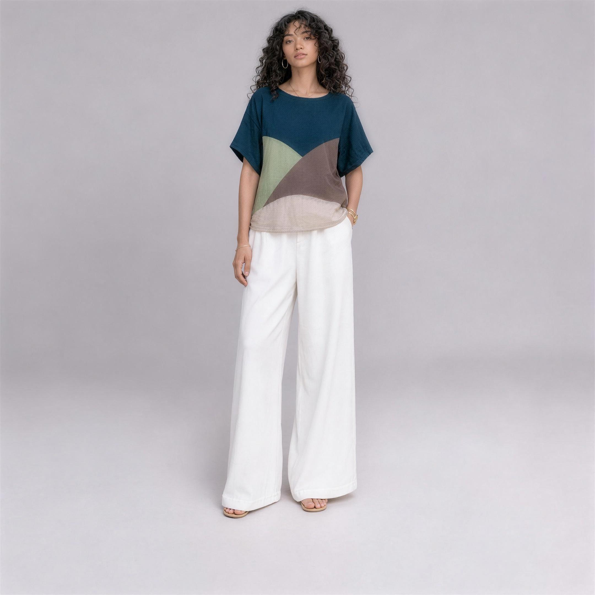 Linen Wave Colour-Block Top in Lagoon, Ratń Swamini