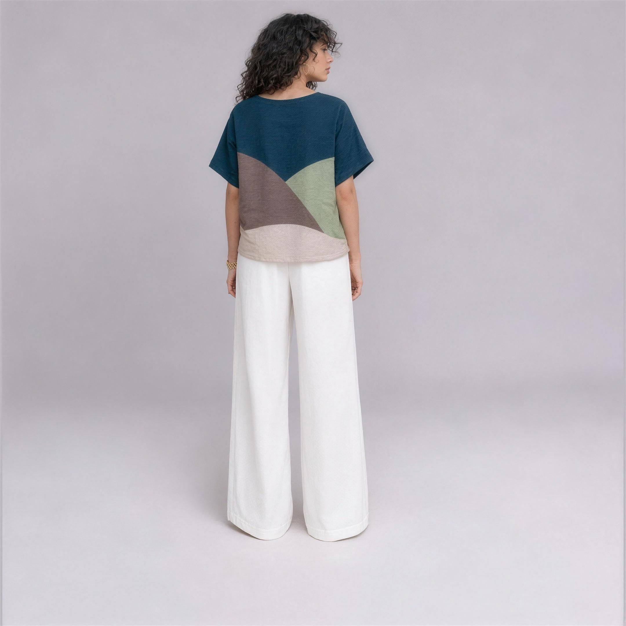 Linen Wave Colour-Block Top in Lagoon, Ratń Swamini, back view