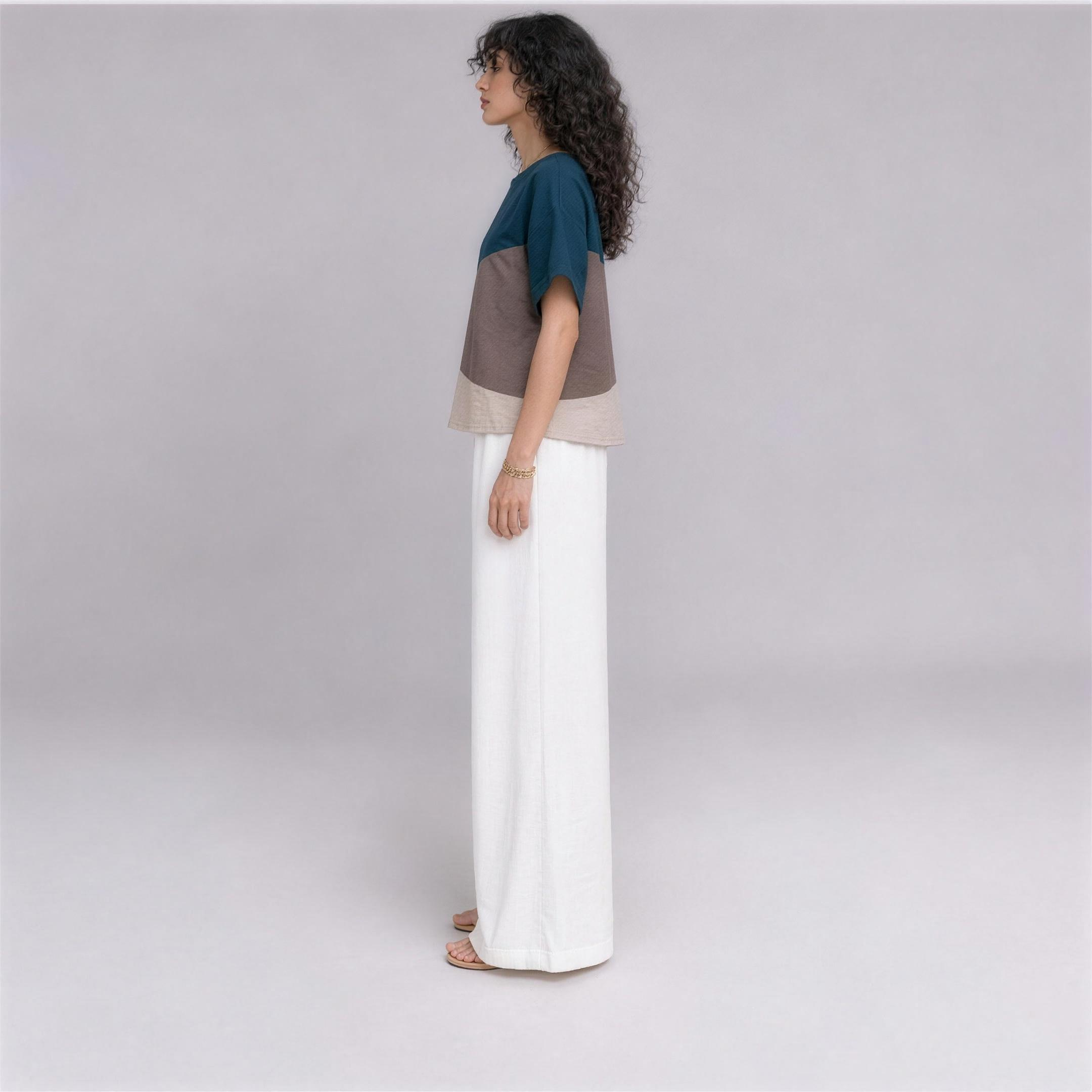 Linen Wave Colour-Block Top in Lagoon, Ratń Swamini, side view