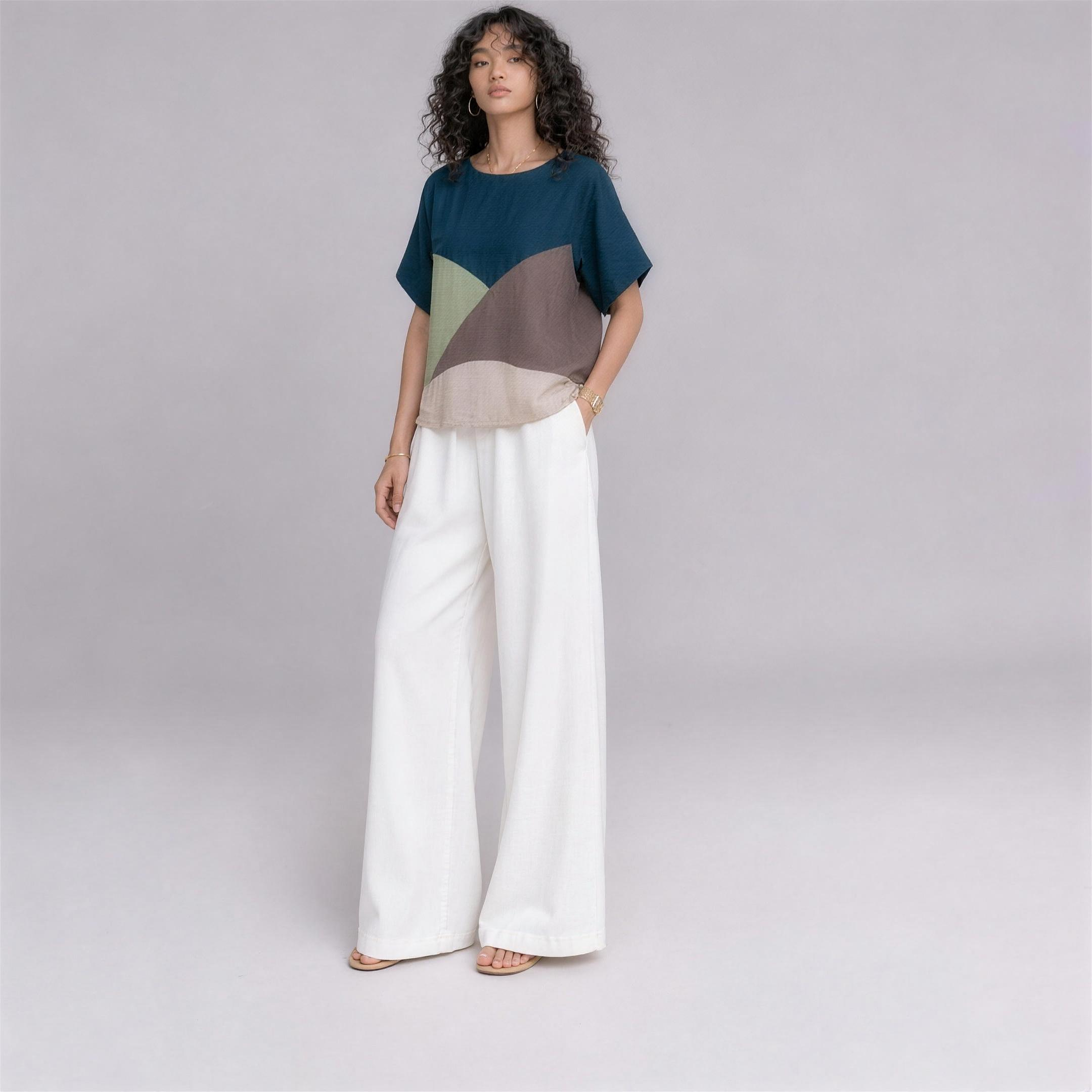 Linen Wave Colour-Block Top in Lagoon, Ratń Swamini, alt front view